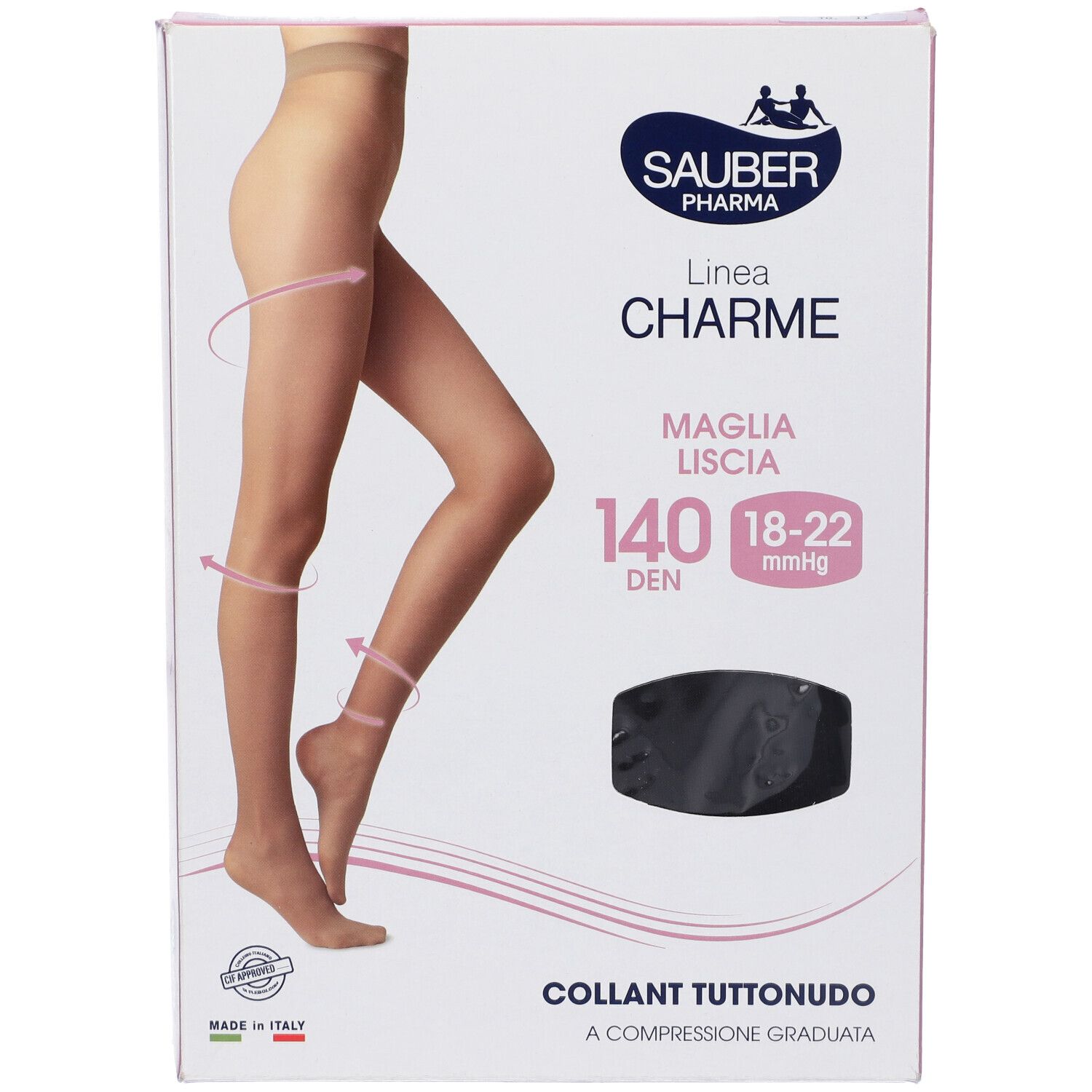 Confezione collant Sauber Charme, 140 den, modello Tuttonudo nero. Taglia 18-22 mmHg. Marchio Sauber Pharma.