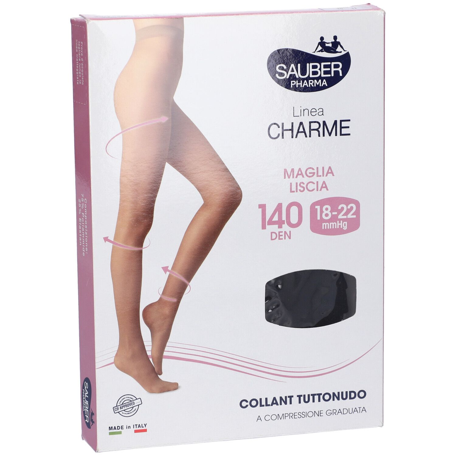 Confezione collant Sauber Charme, 140 den, modello Tuttonudo nero. Taglia 18-22 mmHg. Marchio Sauber Pharma.