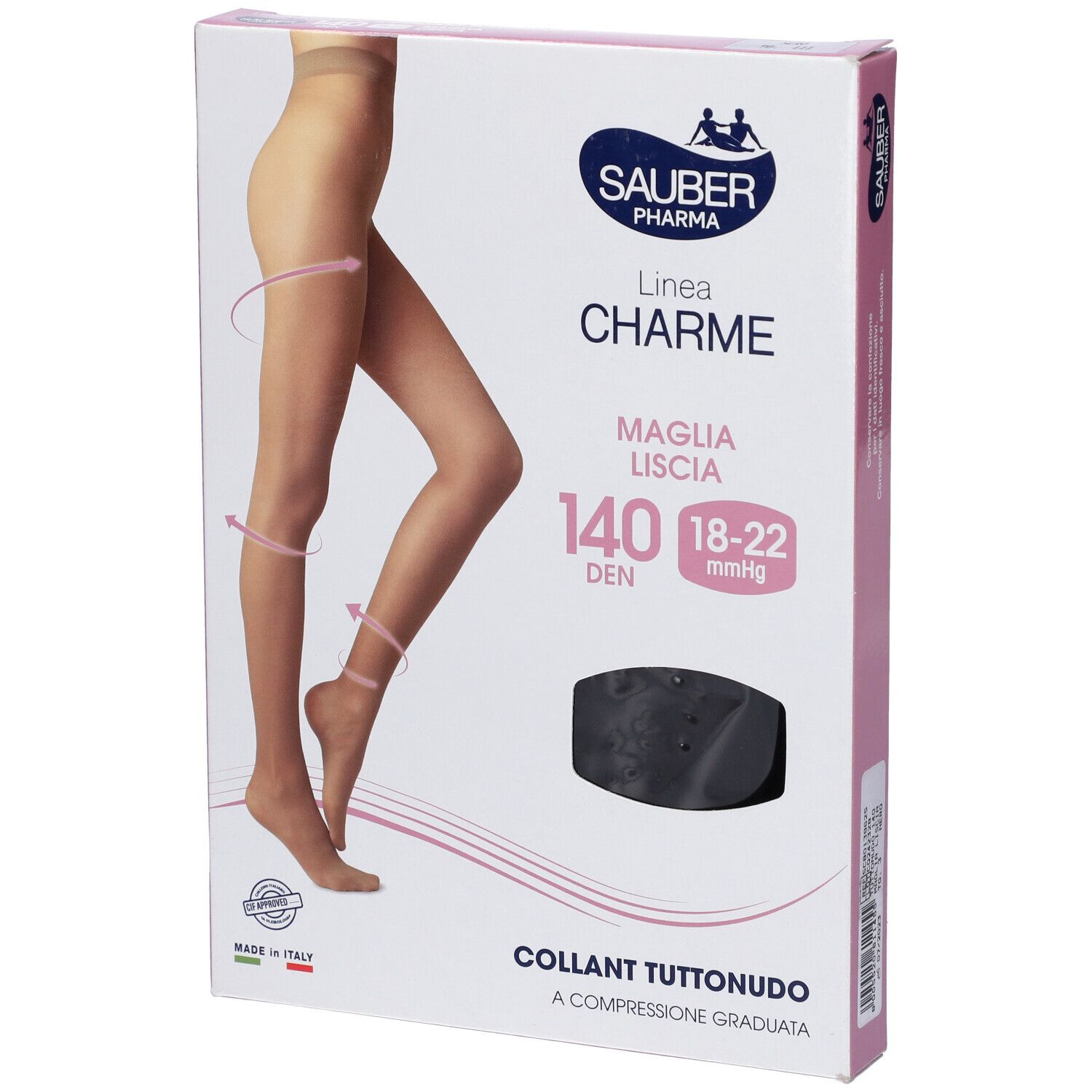 Confezione Sauber Charme Collant, 140 Denari, Tuttonudo. Collant neri. Confezione rosa.