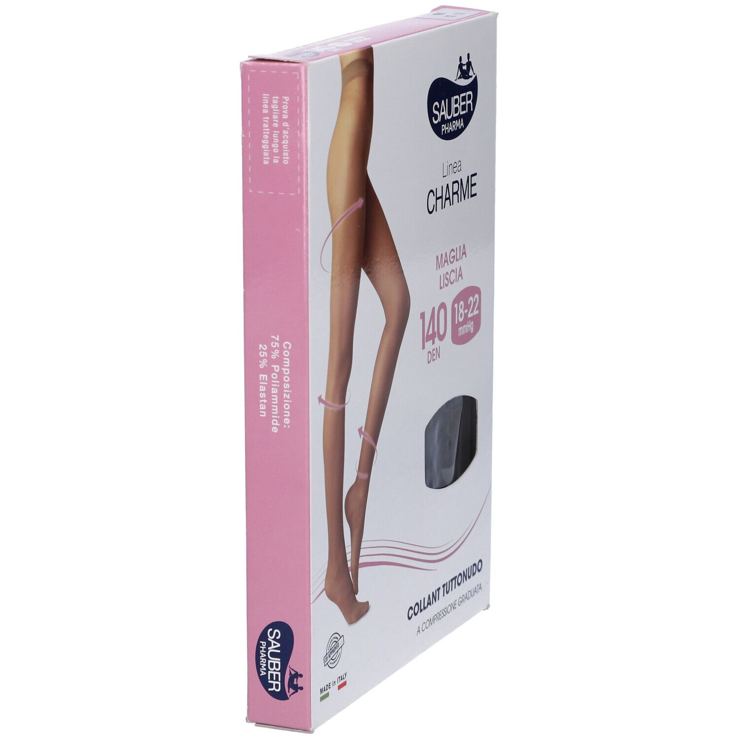 Confezione Sauber Charme Collant, 140 Denari, Tuttonudo. Vista laterale della confezione rosa. Testo.