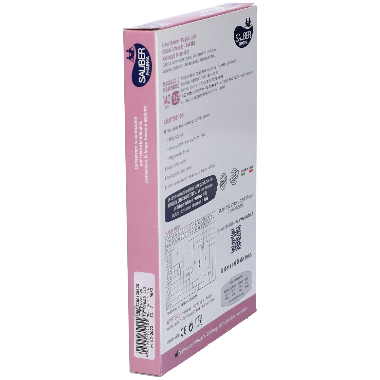 Vista laterale della confezione Sauber Charme Collant, 140 Denari, Tuttonudo. Testo e tabella.