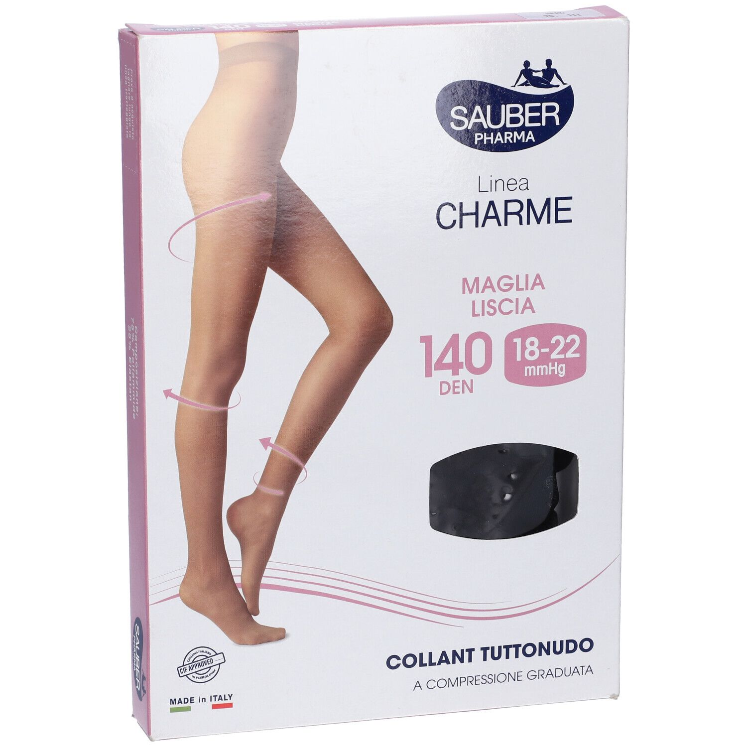 Confezione Sauber Charme Collant, 140 Denari, Tuttonudo. Collant neri. Confezione rosa.