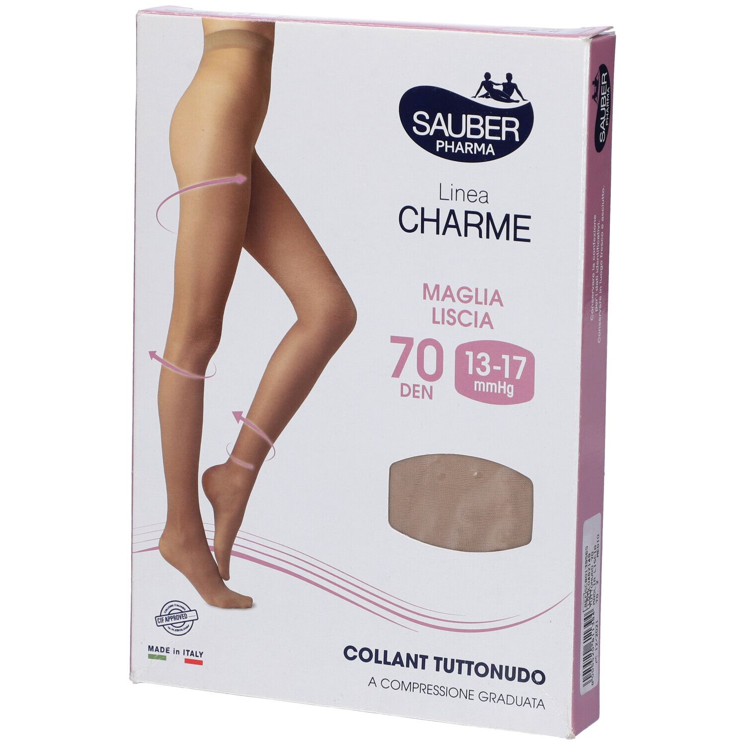 Confezione collant Sauber Pharma, linea Charme. 70 den, Collant Tuttonudo. Compressione graduata.