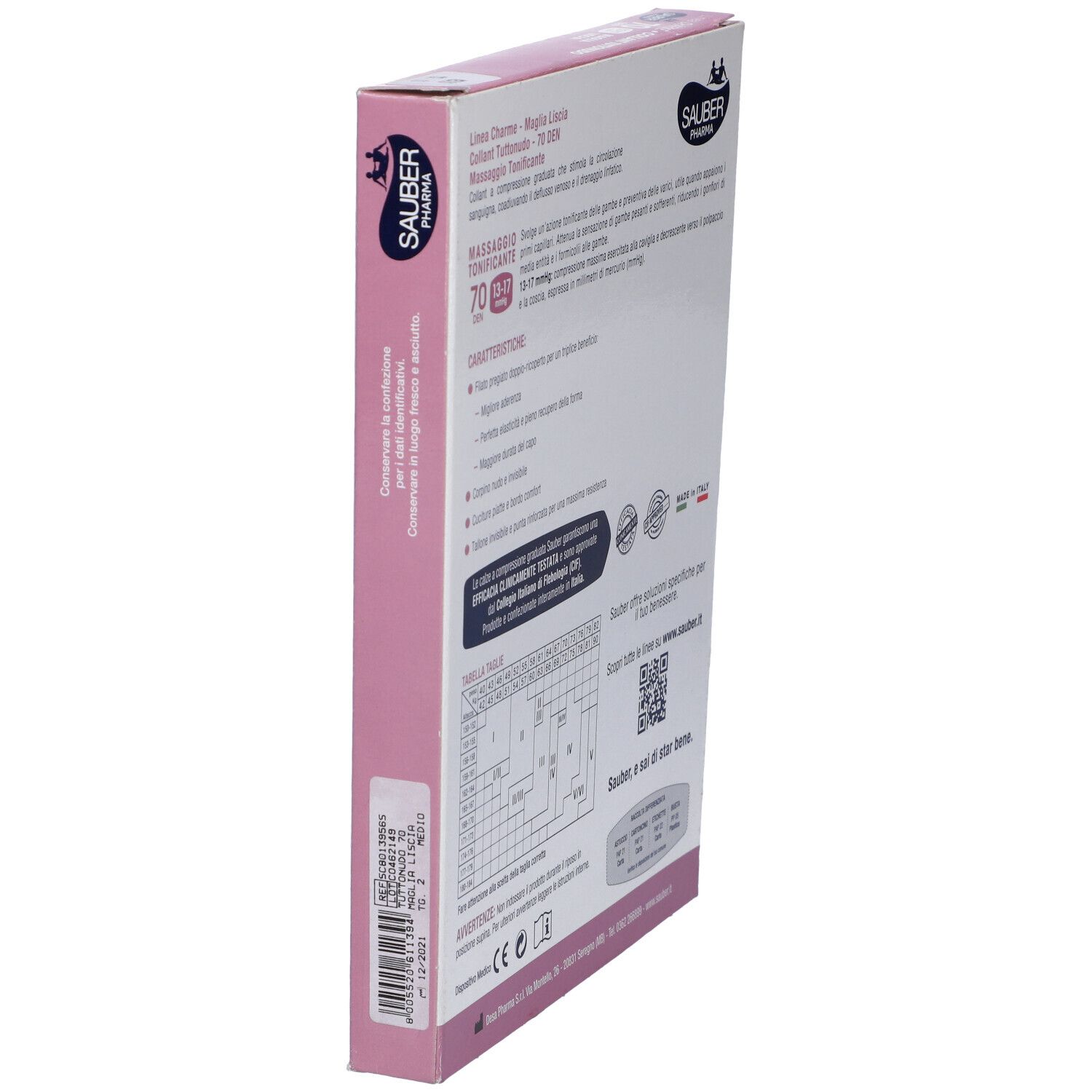 Vista laterale della confezione. Sauber Pharma. Informazioni collant, ingredienti, taglie.