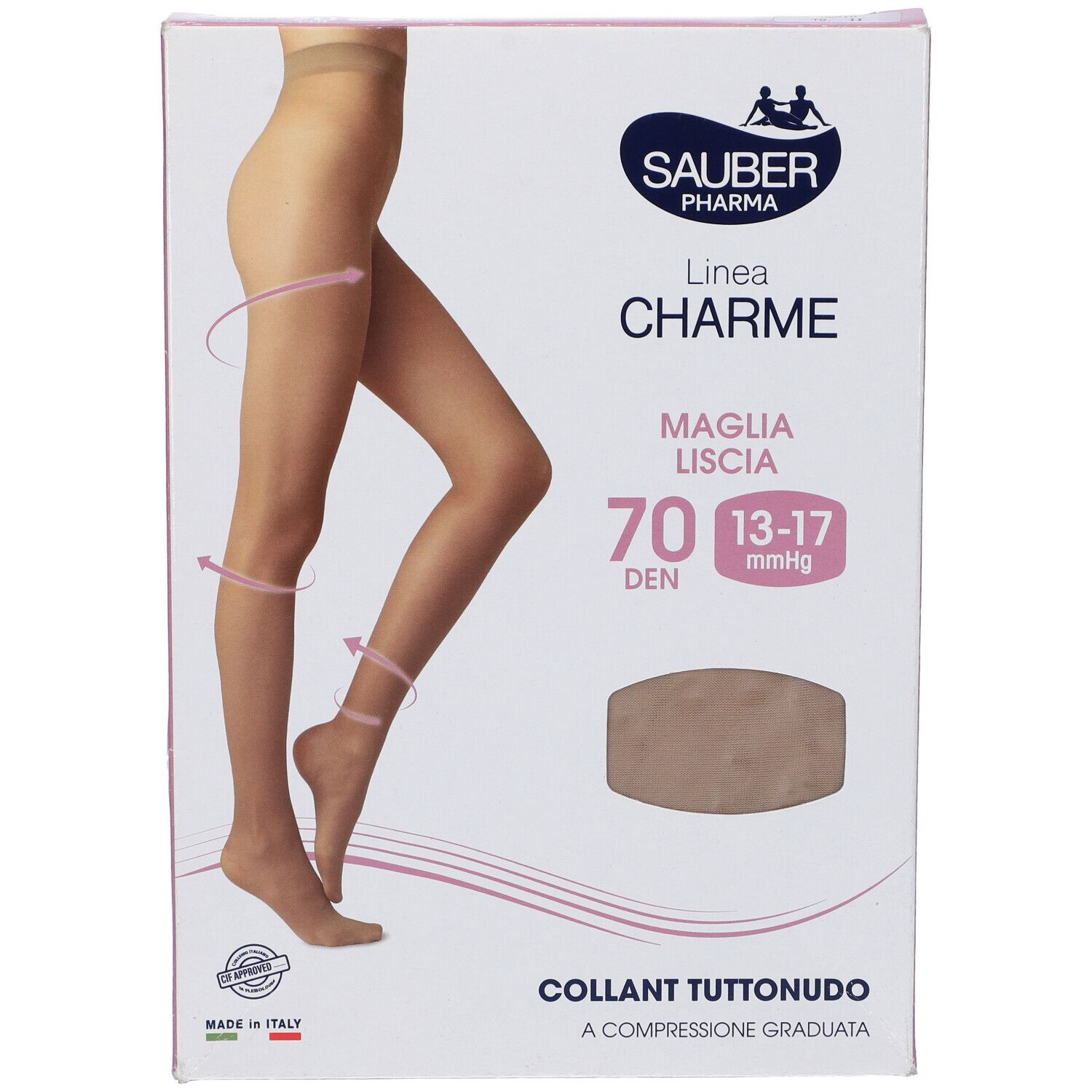 Confezione collant Sauber Pharma, linea Charme. 70 den, Collant Tuttonudo. Compressione graduata.