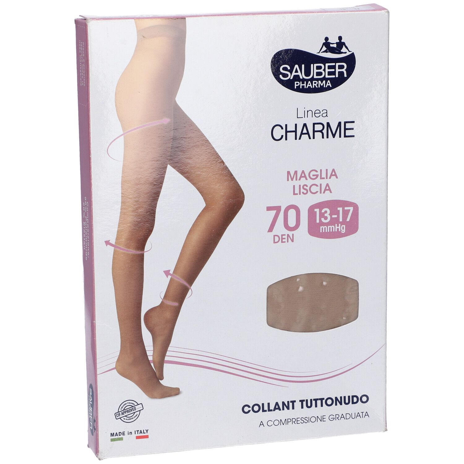 Confezione collant Sauber Pharma, linea Charme. 70 den, Collant Tuttonudo. Compressione graduata.