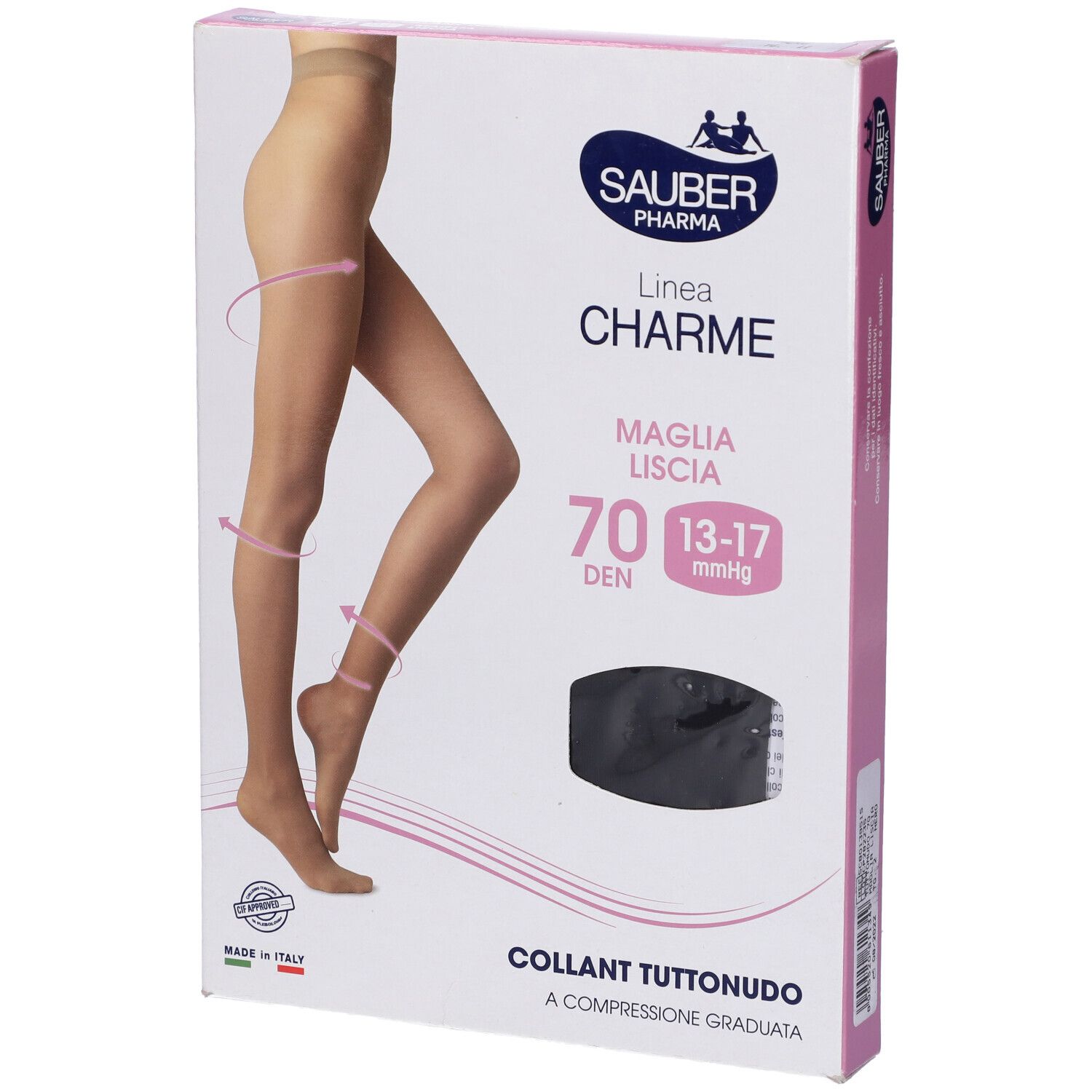 Confezione collant Sauber Pharma, linea Charme, modello Tuttonudo. 70 den, 13-17 mmHg. Collant nero. Immagine di una gamba.