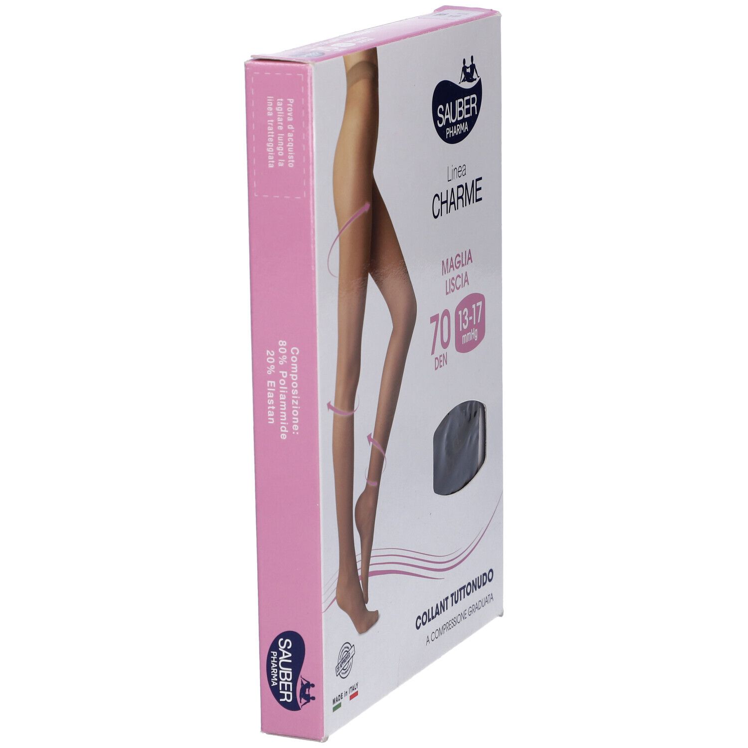 Confezione collant Sauber Pharma, linea Charme, modello Tuttonudo. 70 den, 13-17 mmHg. Vista laterale della confezione.