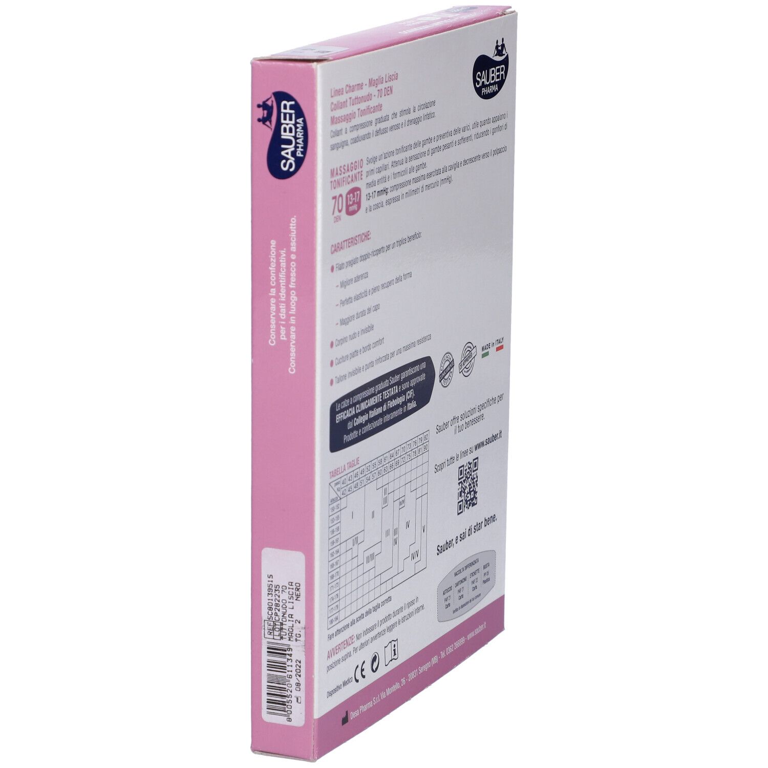 Vista laterale della confezione con informazioni sul prodotto. Marchio Sauber Pharma. Linea Charme. Taglie e codice QR.