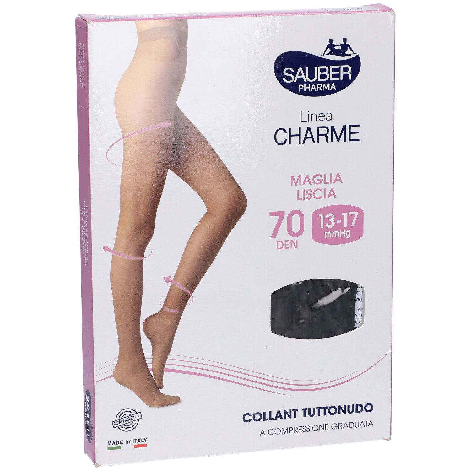 Confezione collant Sauber Pharma, linea Charme, modello Tuttonudo. 70 den, 13-17 mmHg. Immagine di una gamba.