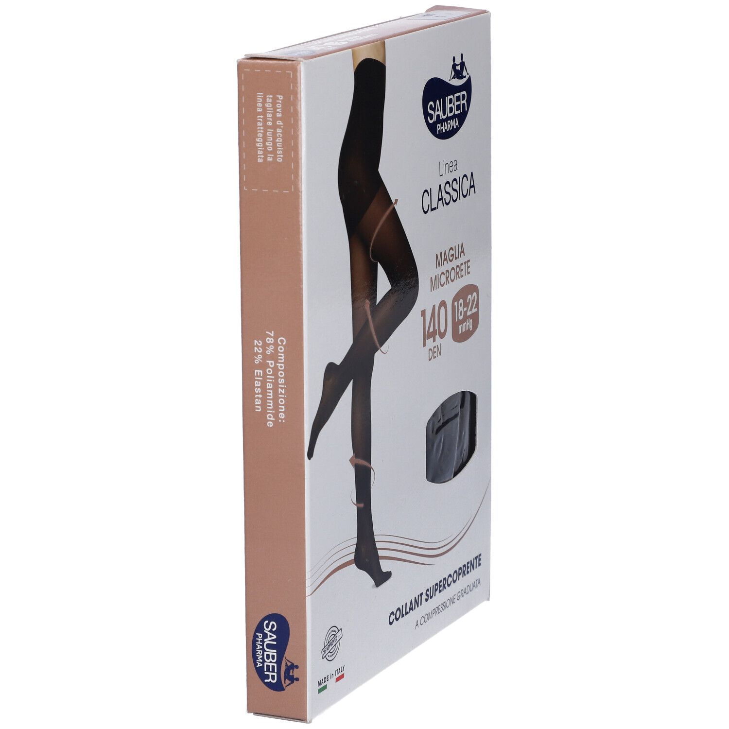 Confezione del collant nero. Marchio Sauber Pharma, linea Classica. 140 denari, super coprente. Vista laterale.