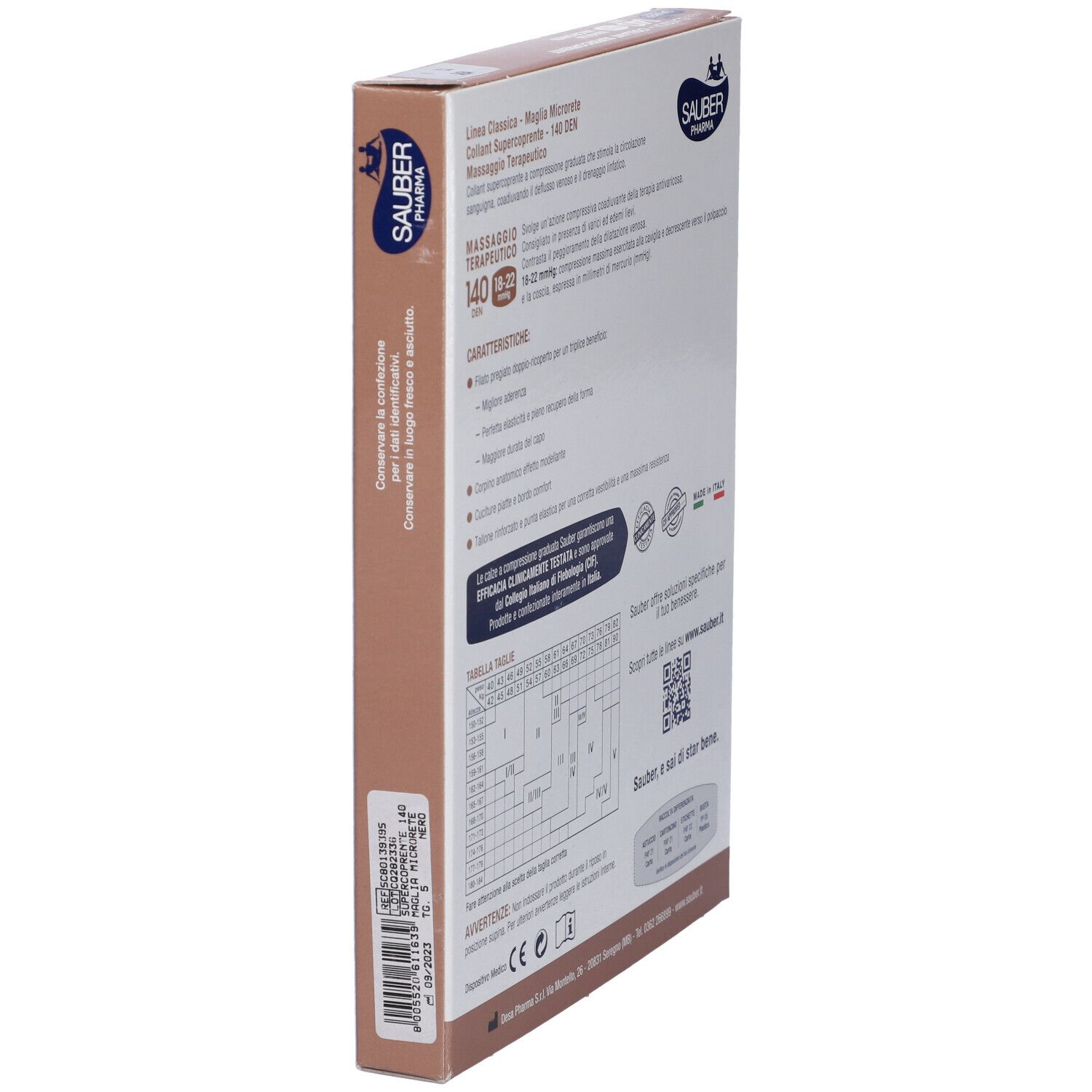 Confezione del collant. Marchio Sauber Pharma. Vista laterale con informazioni sugli ingredienti e il marchio.