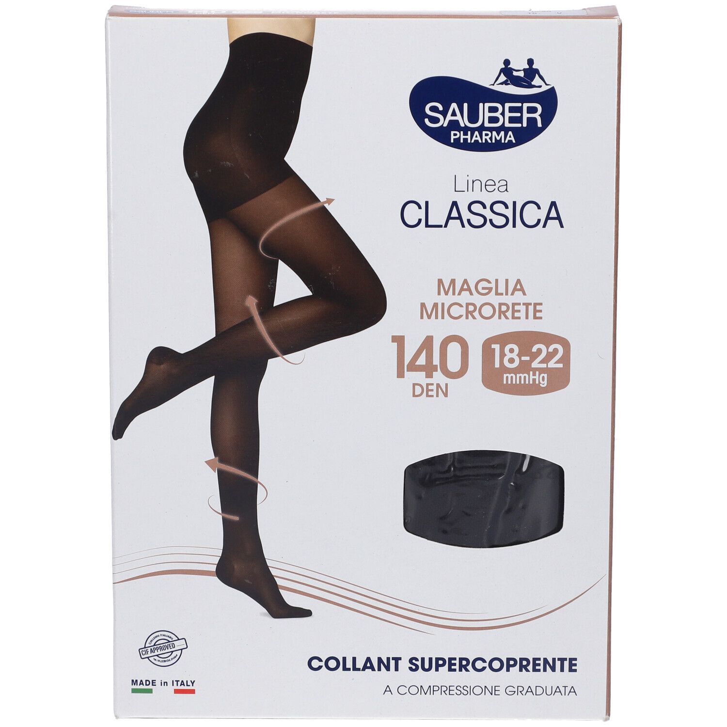 Collant nero in confezione. Marchio Sauber Pharma, linea Classica. 140 denari, super coprente. Vista frontale.