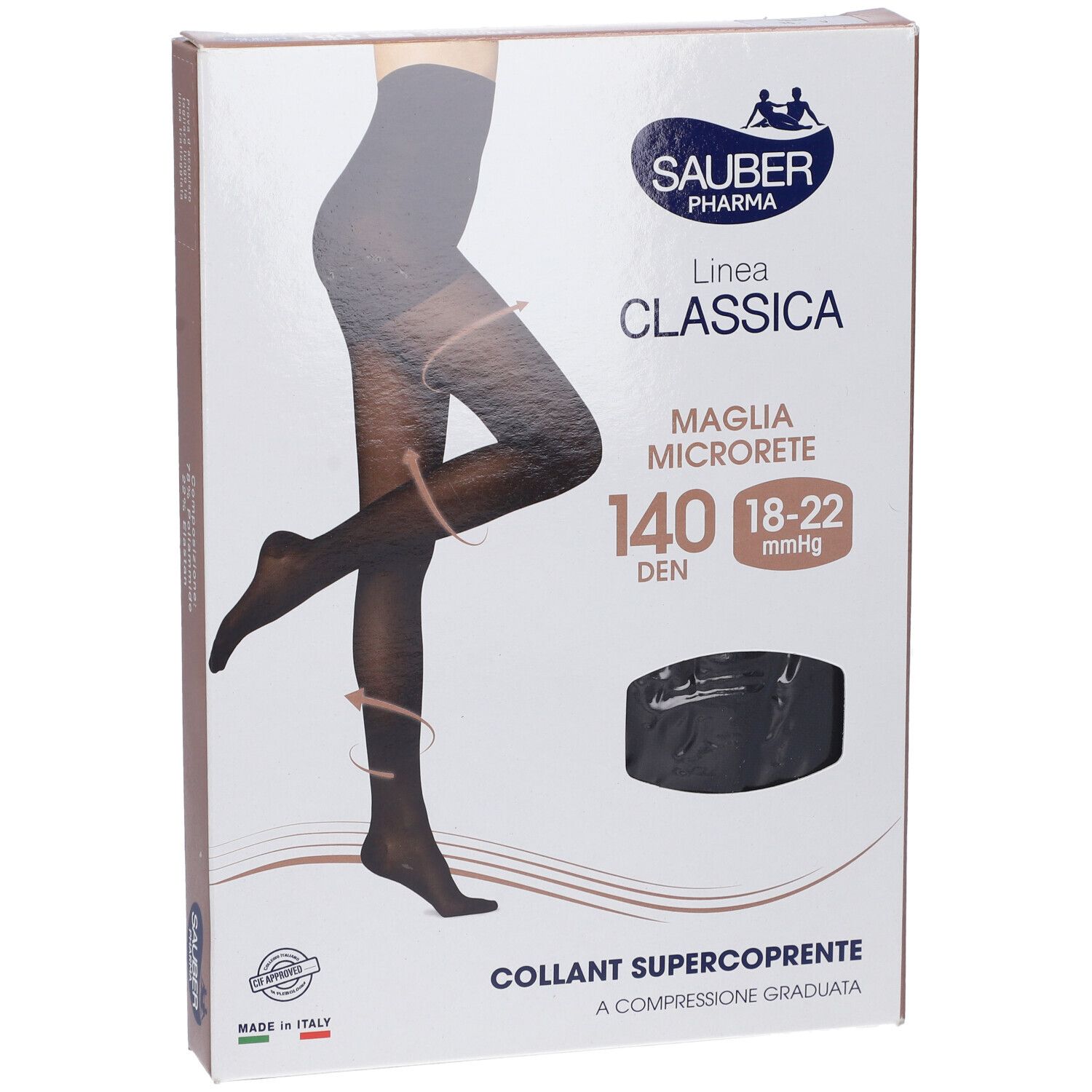 Collant nero in confezione. Marchio Sauber Pharma, linea Classica. 140 denari, super coprente. Vista frontale.