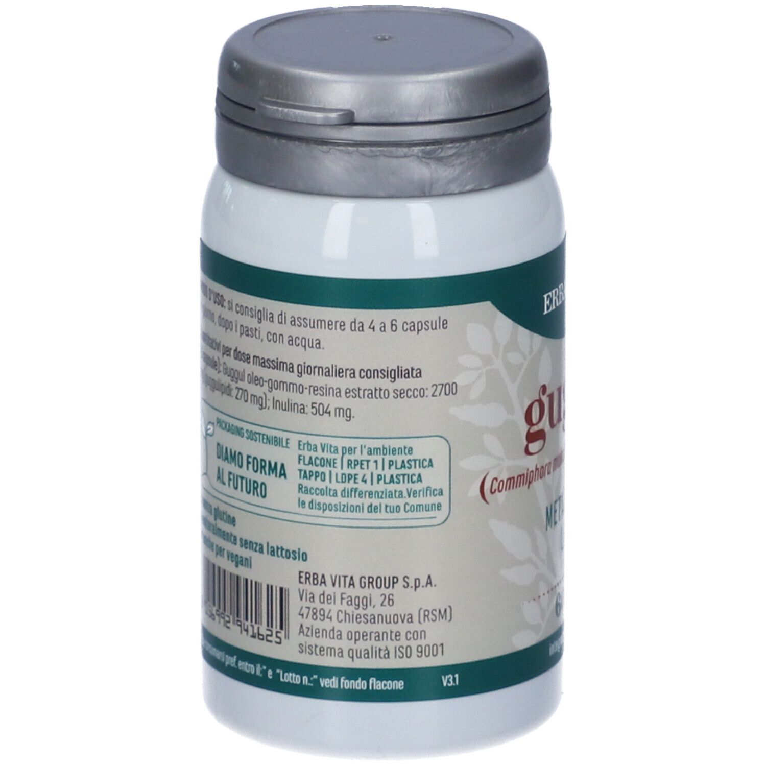 Retro del flacone di capsule Guggul. Testo in italiano. Informazioni del produttore e ingredienti.