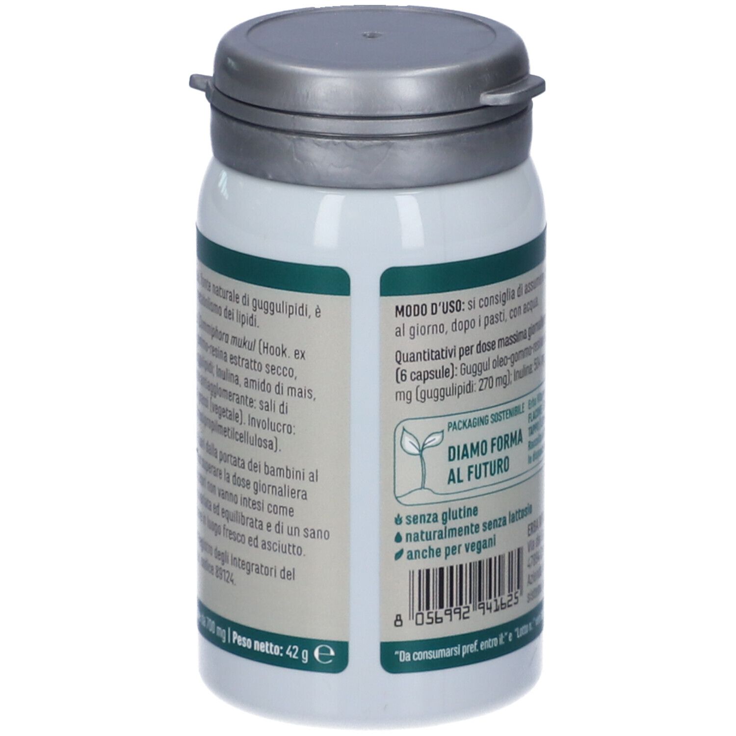 Retro del flacone di capsule Guggul. Testo in italiano. Consigli per l'uso e ingredienti.