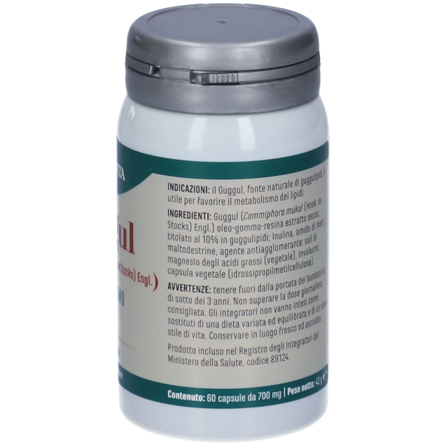 Flacone bianco di capsule Guggul con coperchio argentato. Scritta: 60 capsule, Erba Vita.