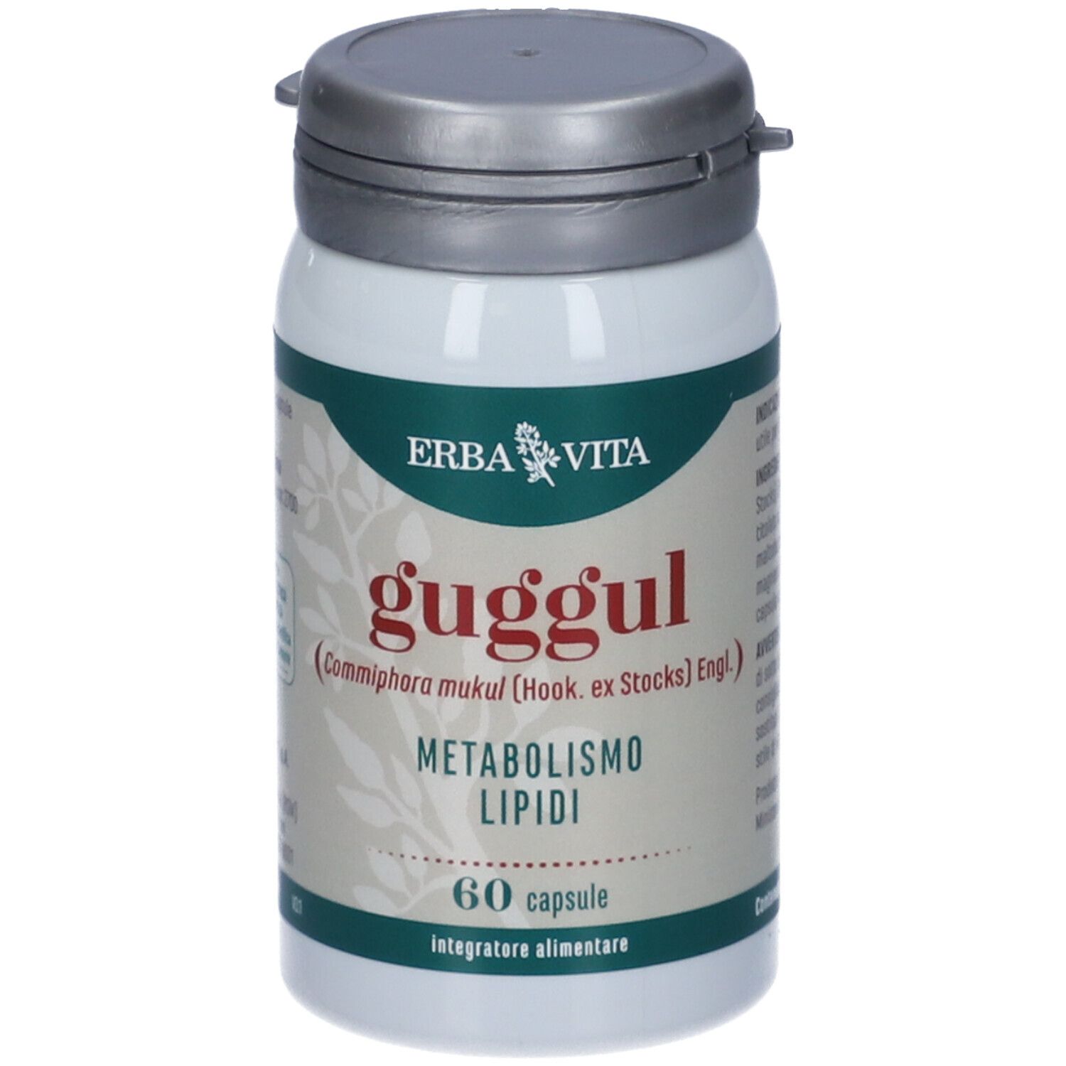 Flacone bianco di capsule Guggul con coperchio argentato. Scritta: 60 capsule, Erba Vita.