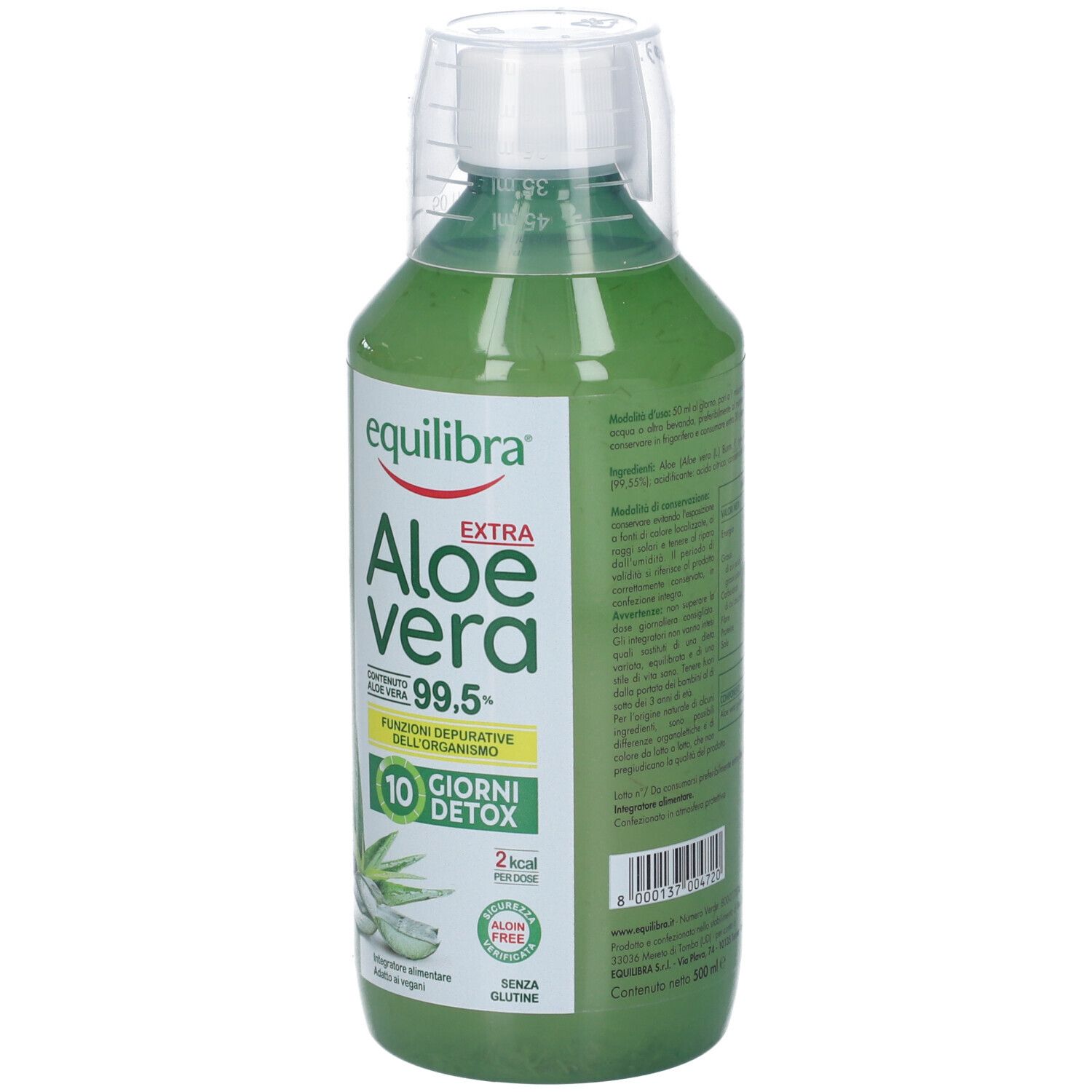 Bottiglia verde Equilibra® Aloe Vera EXTRA. Fronte con nome prodotto, 99,5% Aloe Vera e indicazione detox.