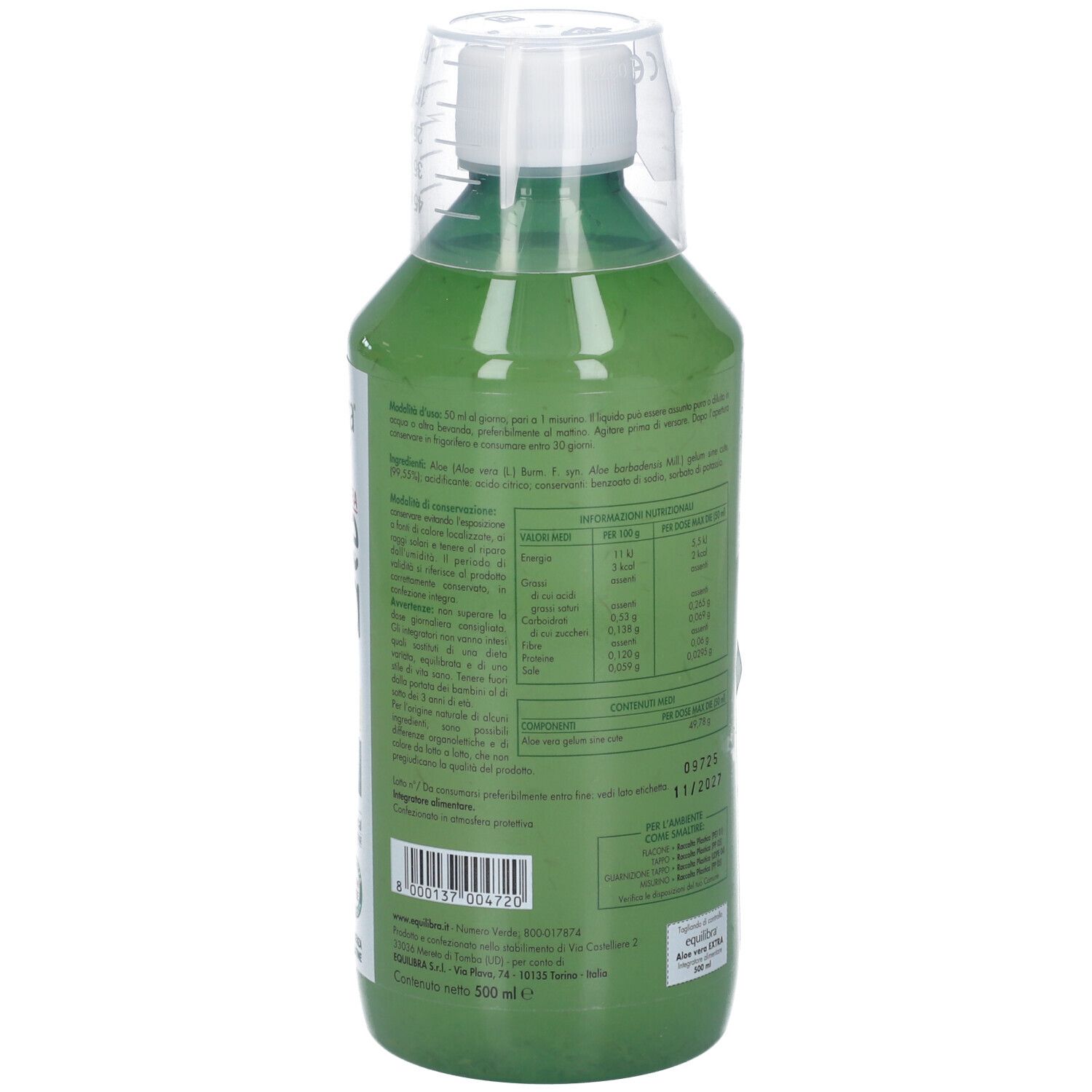 Bottiglia verde Equilibra® Aloe Vera EXTRA. Retro con testo, informazioni nutrizionali e illustrazioni di aloe vera.