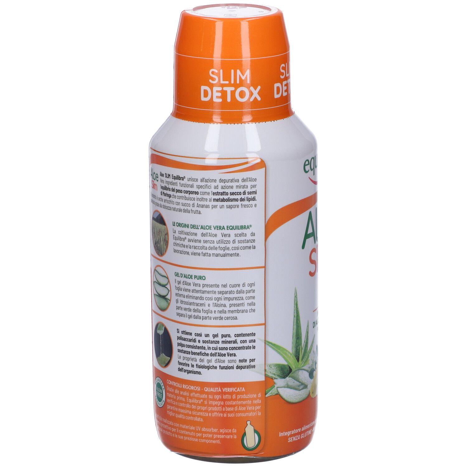 Retro della bottiglia Equilibra Aloe Slim. Testo e illustrazioni: coltivazione aloe vera, gel puro, foglia aloe vera.