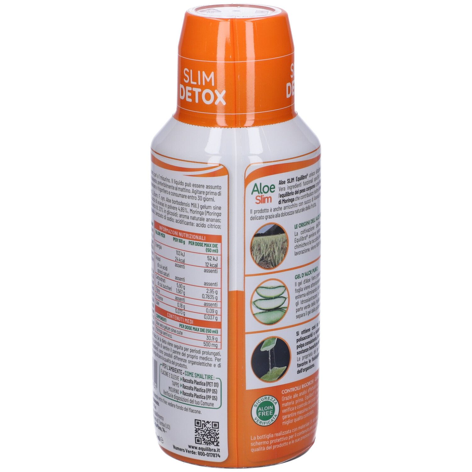Retro della bottiglia Equilibra Aloe Slim. Testo: informazioni nutrizionali. Illustrazioni: coltivazione aloe vera, foglia aloe vera.