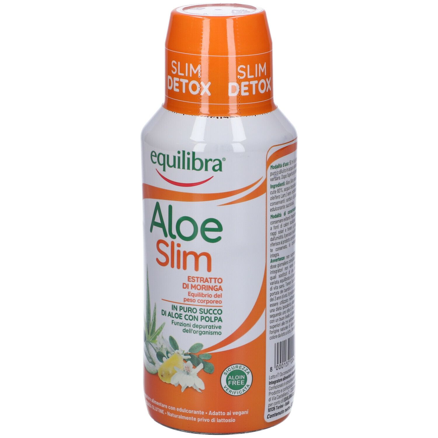 Bottiglia bianca e arancione Equilibra Aloe Slim. Testo: Aloe Slim, Detox. Illustrazione foglia di aloe vera. Logo Aloe Free.