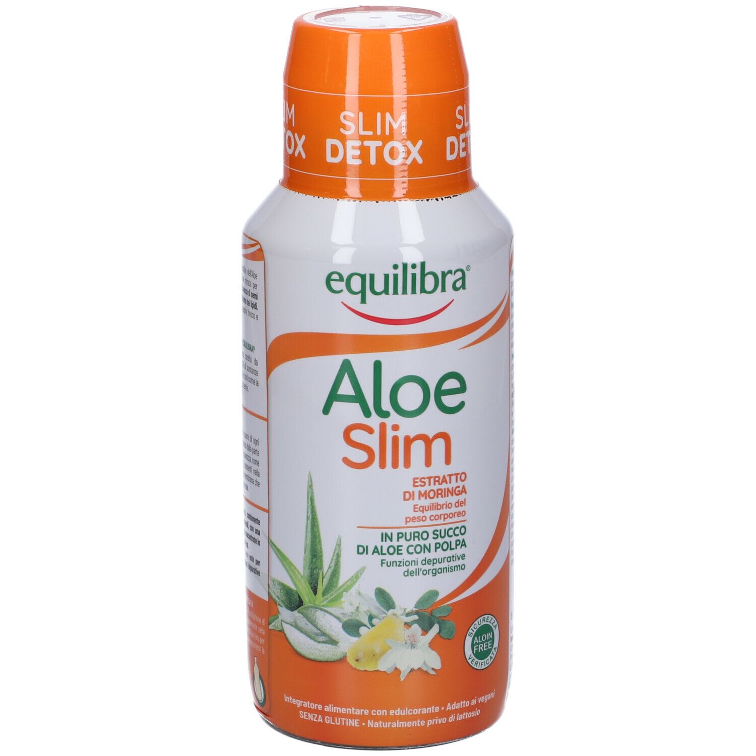 Bottiglia bianca e arancione Equilibra Aloe Slim. Testo: Aloe Slim, Detox. Illustrazione foglia di aloe vera. Logo Aloe Free.