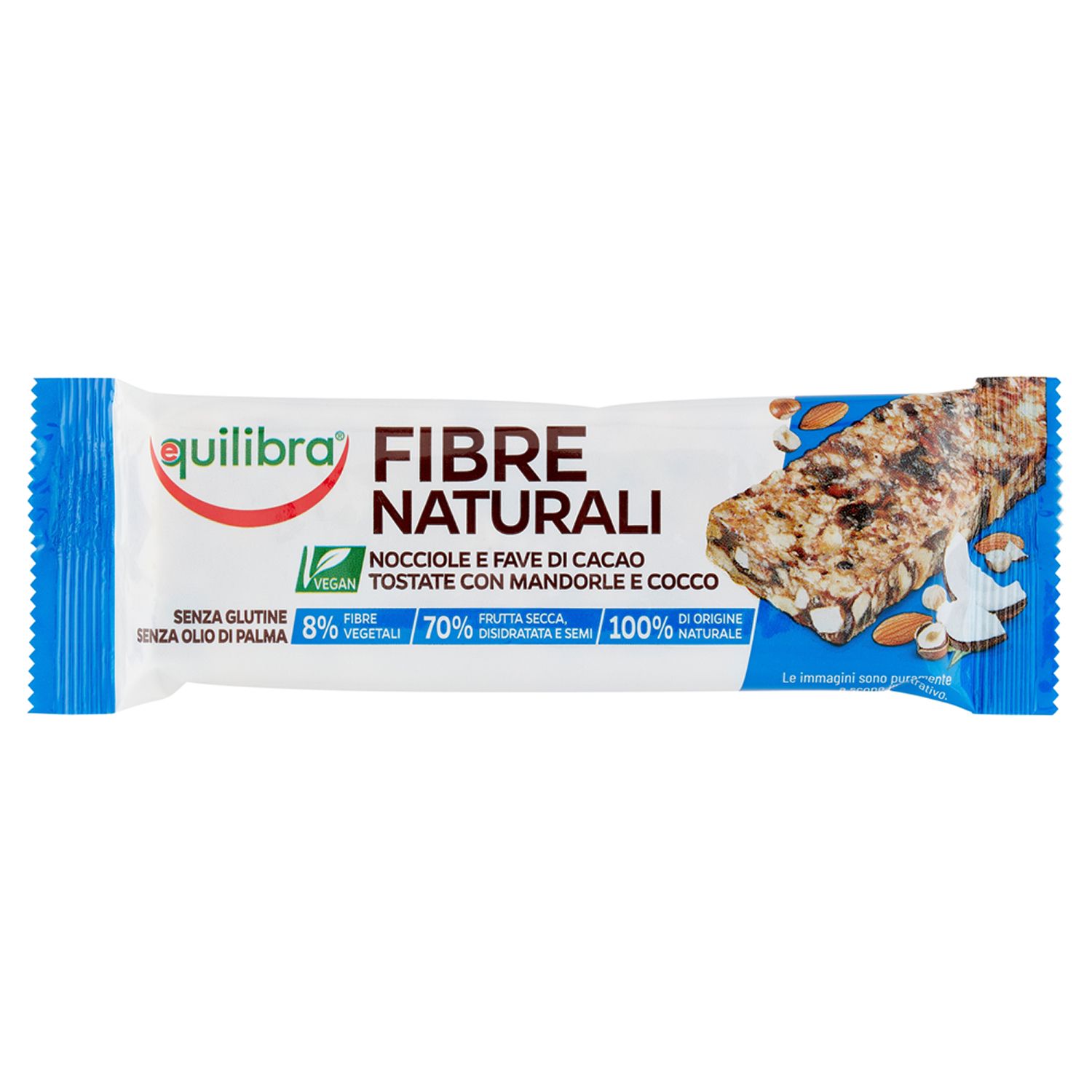 Confezione di barretta Equilibra Fibre Naturali. Scritta: Fibre Naturali, senza glutine, vegano, senza olio di palma. Immagine di mandorle e cocco.