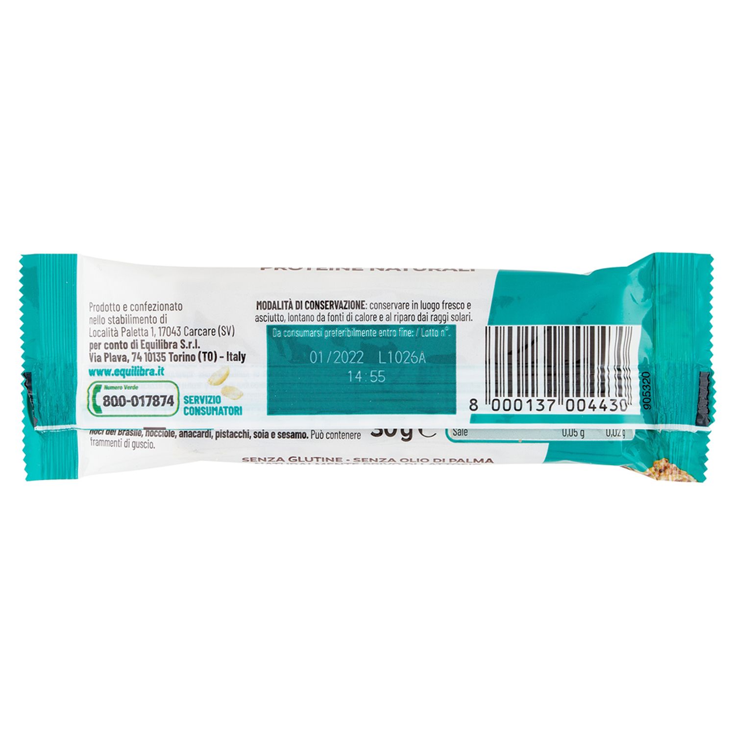 Retro della confezione della barretta. Testo: Proteine Naturali. Informazioni sugli ingredienti, la scadenza e il produttore. Codice a barre.