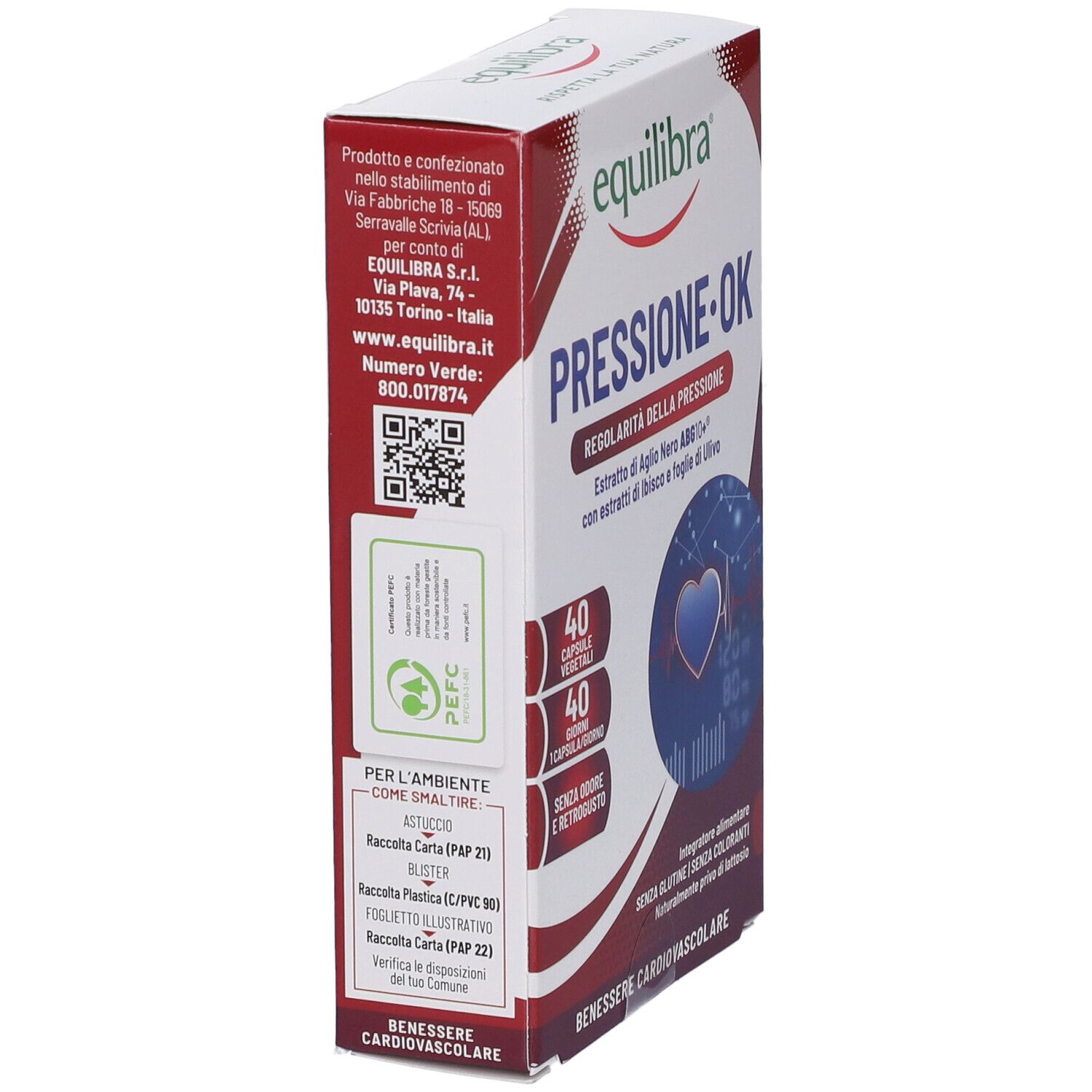 Vista laterale della confezione Equilibra® Pressione OK. Testo e codice QR. Logo PEFC.