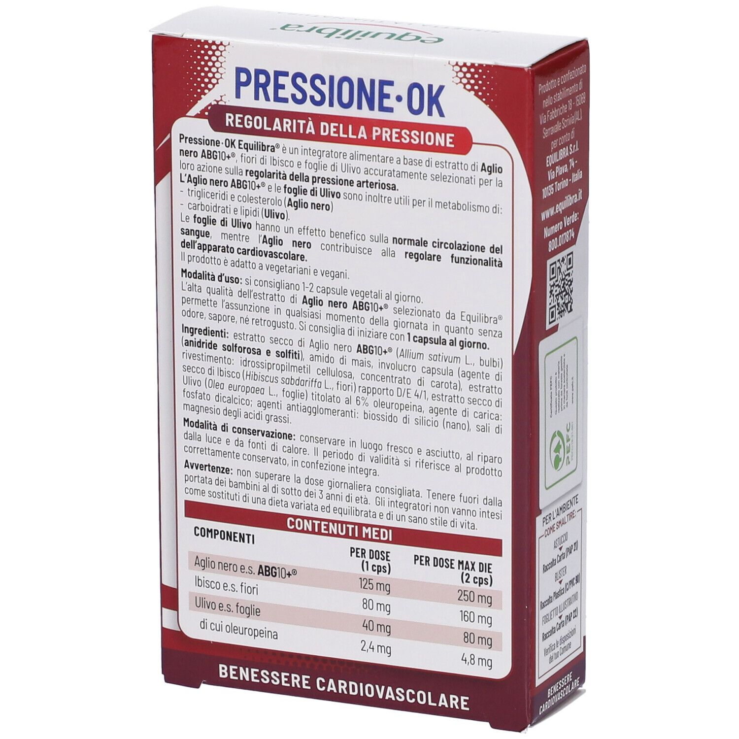 Retro della confezione Equilibra® Pressione OK. Testo con ingredienti e informazioni nutrizionali. Tabelle.