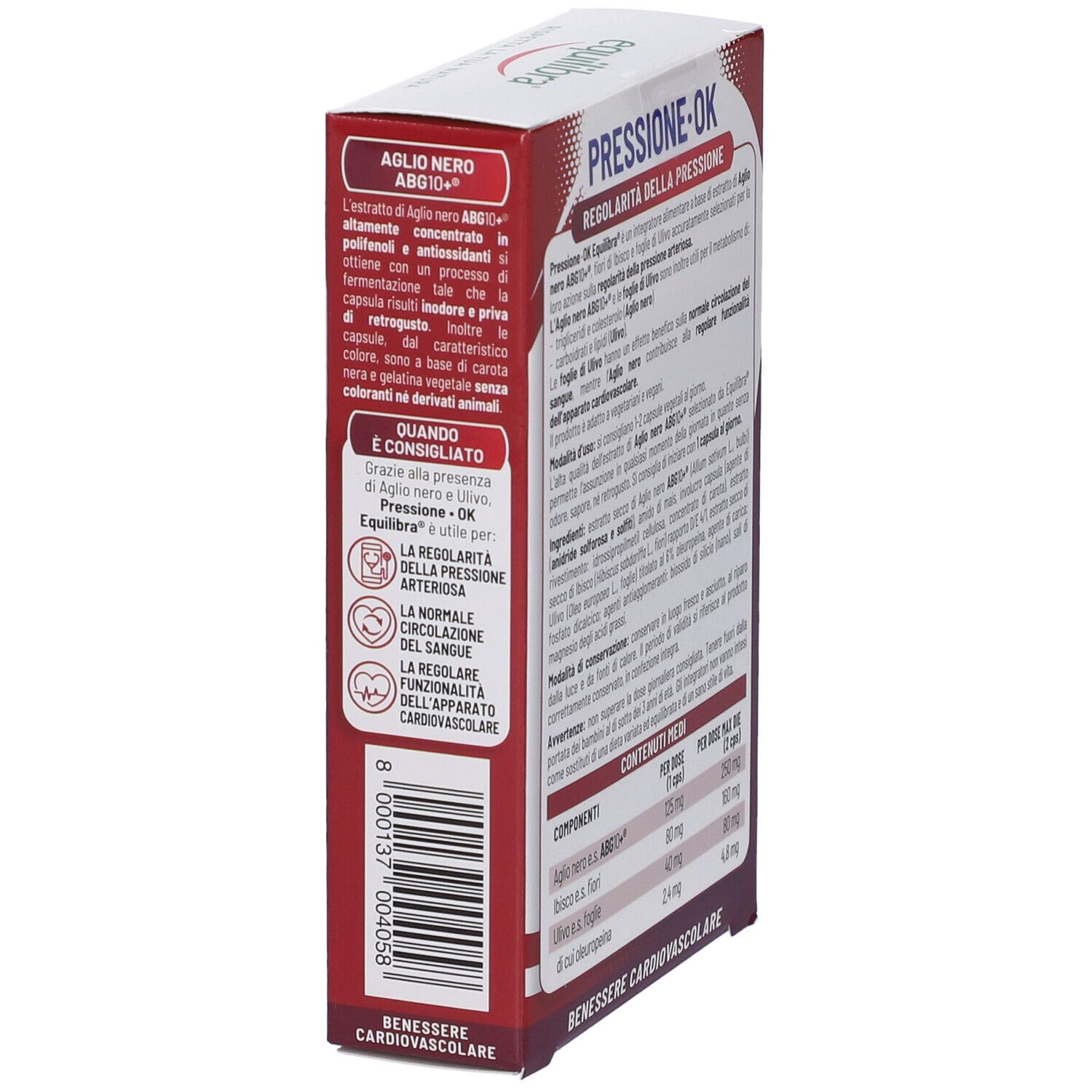 Vista laterale della confezione Equilibra® Pressione OK. Testo con ingredienti e informazioni nutrizionali. Tabelle.
