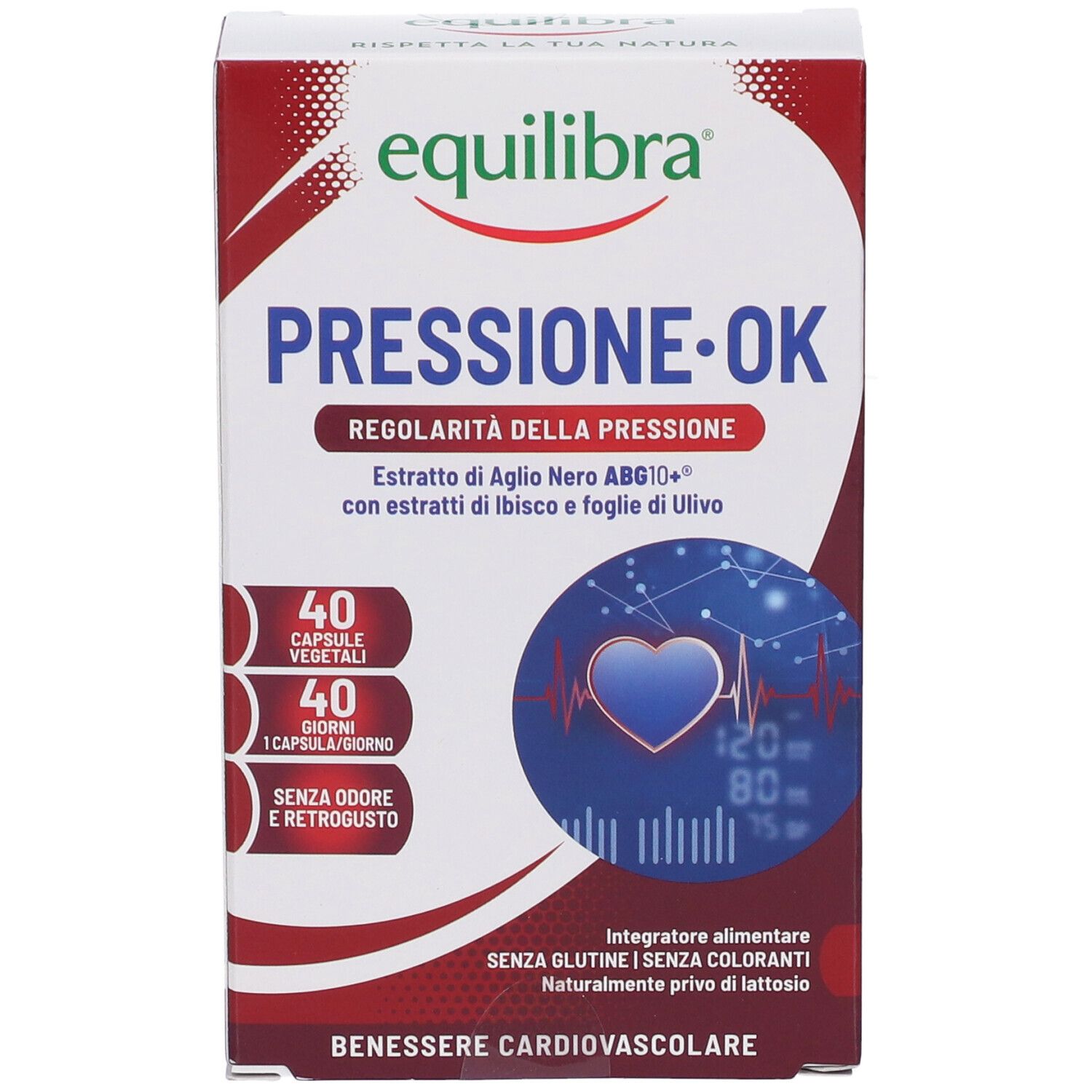 Confezione Equilibra® Pressione OK. Scatola rossa e bianca con nome prodotto e dettagli. Grafica cuore.