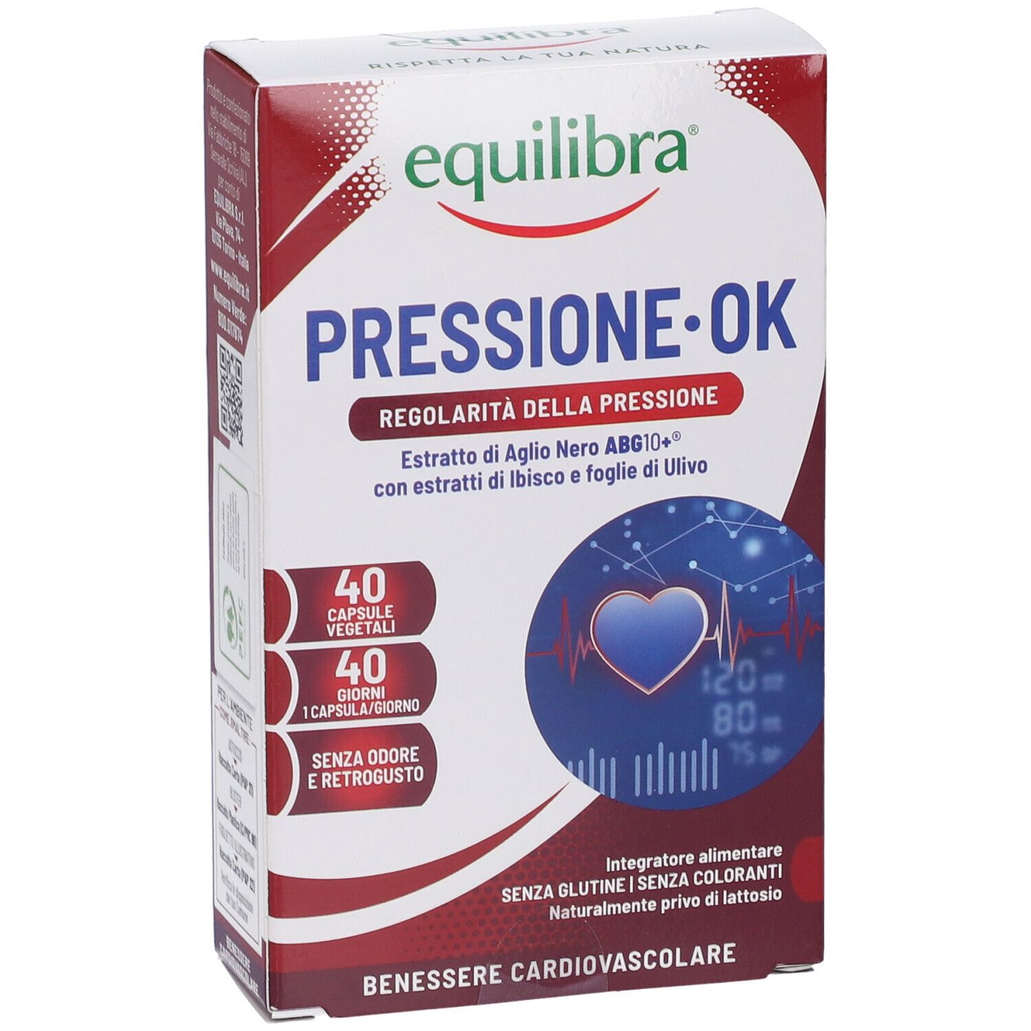 Confezione Equilibra® Pressione OK. Scatola rossa e bianca con nome prodotto e dettagli. Grafica cuore.