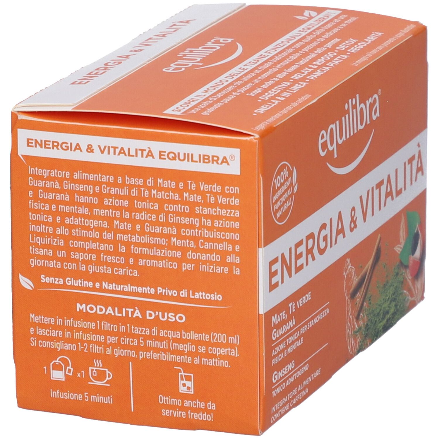 Scatola arancione con informazioni sul prodotto. Contiene testo sugli ingredienti e l'uso. Con logo e certificazione.