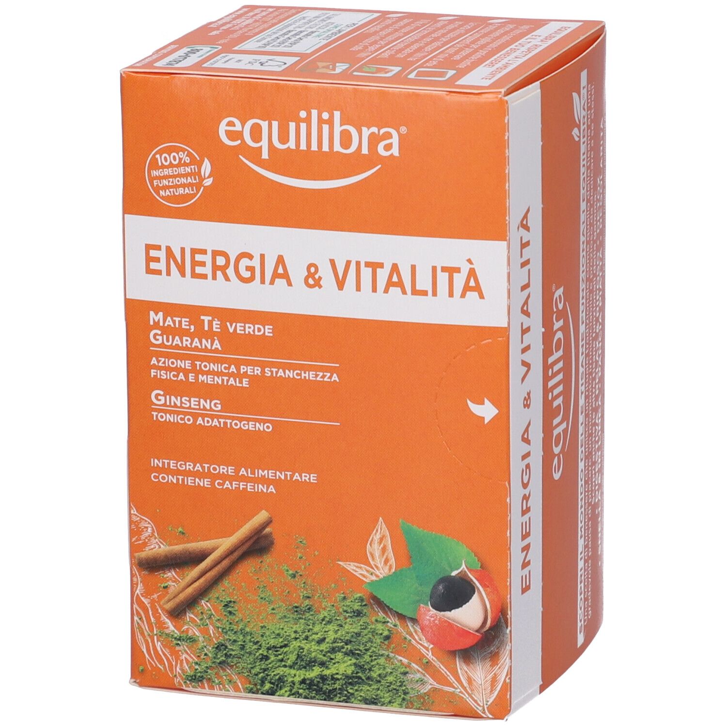 Scatola arancione con nome del prodotto e ingredienti. Contiene mate, tè verde, guaranà e ginseng. Con logo e certificazione.