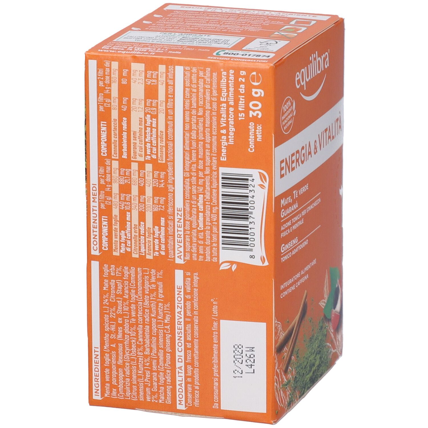 Scatola arancione con informazioni nutrizionali e ingredienti. Contiene testo e codice a barre. Con logo e certificazione.