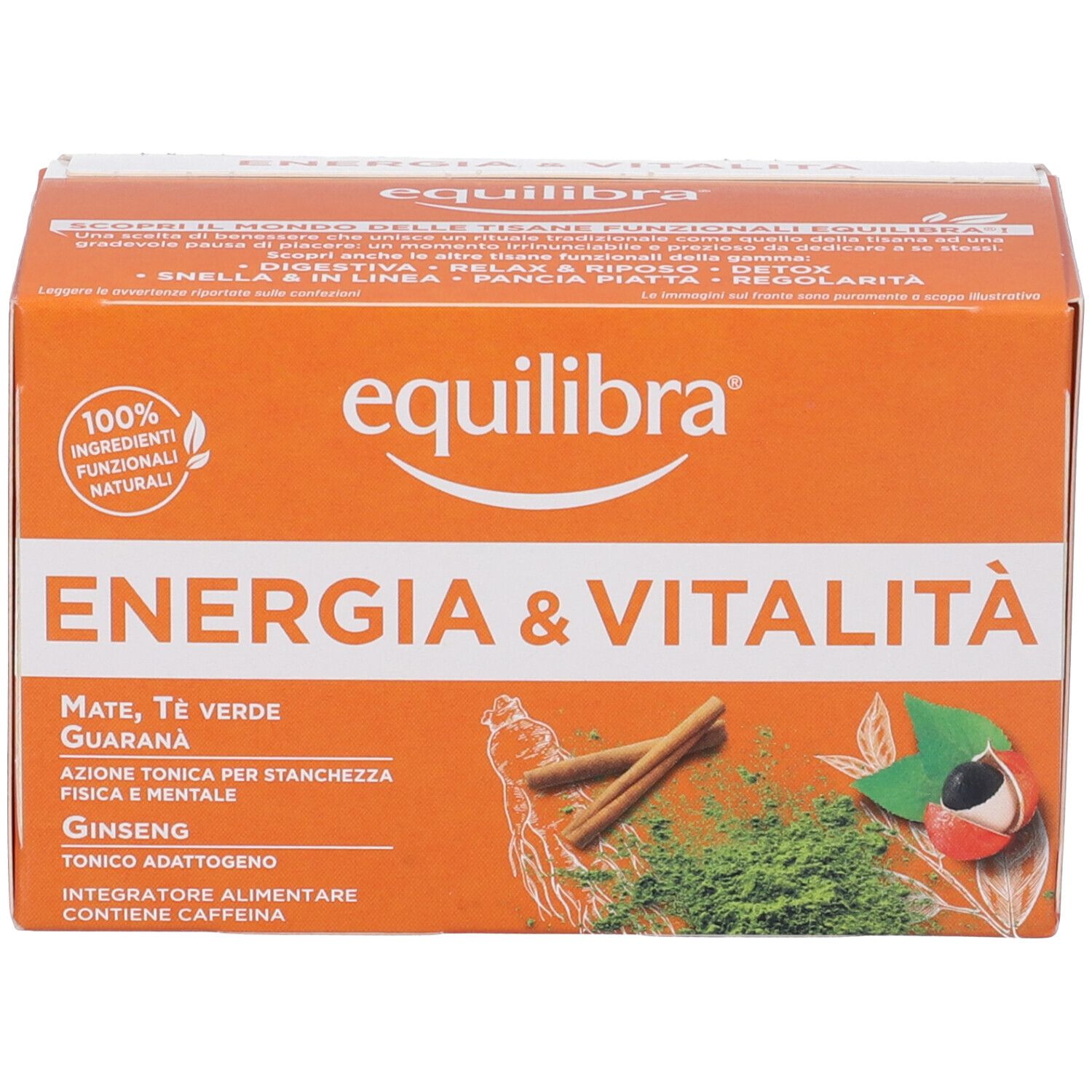Scatola arancione con nome del prodotto e ingredienti. Contiene mate, tè verde, guaranà e ginseng. Con logo e certificazione.