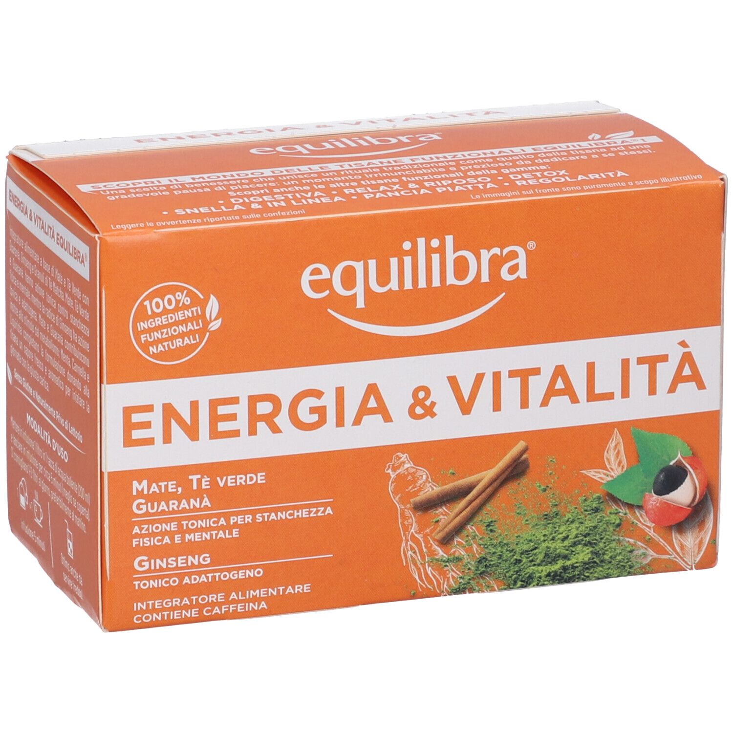 Scatola arancione con nome del prodotto e ingredienti. Contiene mate, tè verde, guaranà e ginseng. Con logo e certificazione.