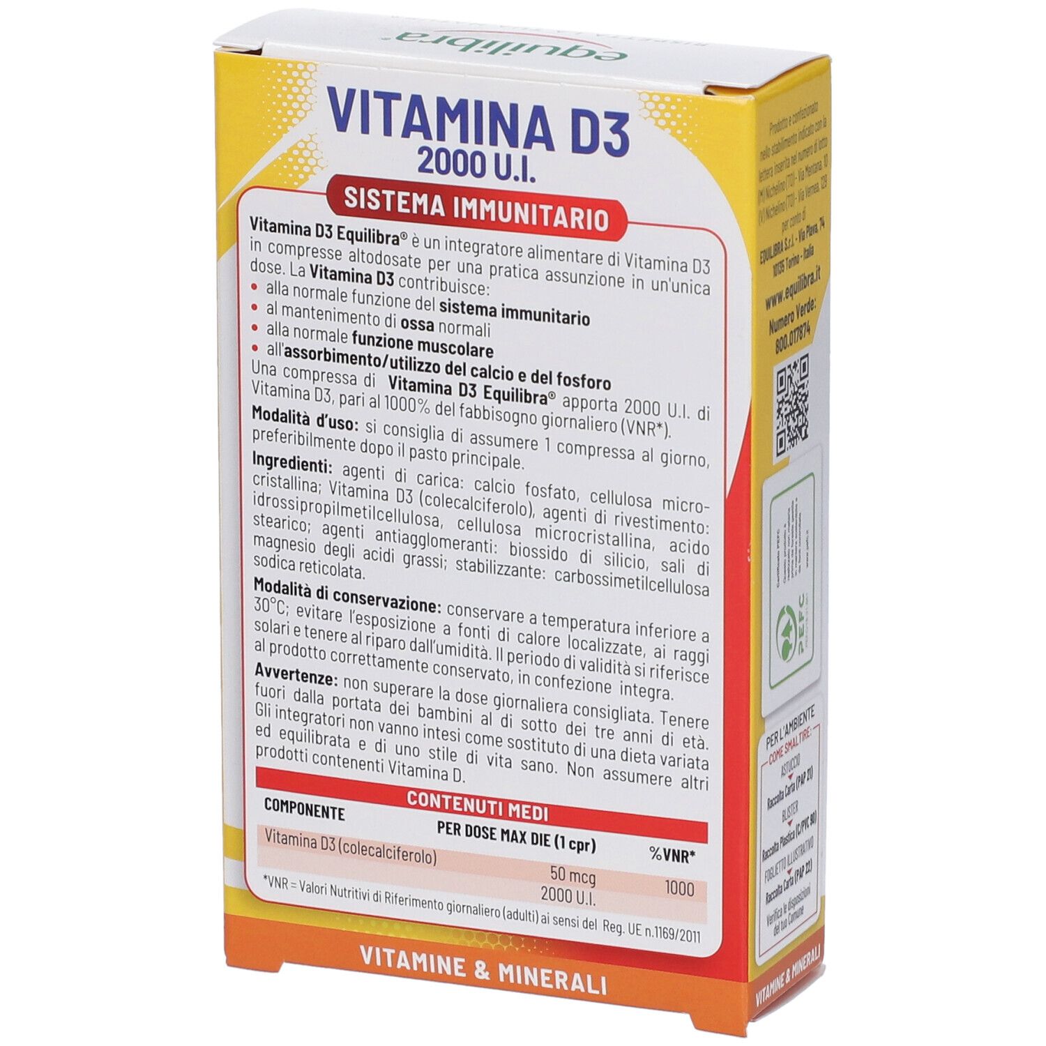 Retro della confezione di Equilibra Vitamina D3. Informazioni testuali sul prodotto, ingredienti e informazioni nutrizionali.