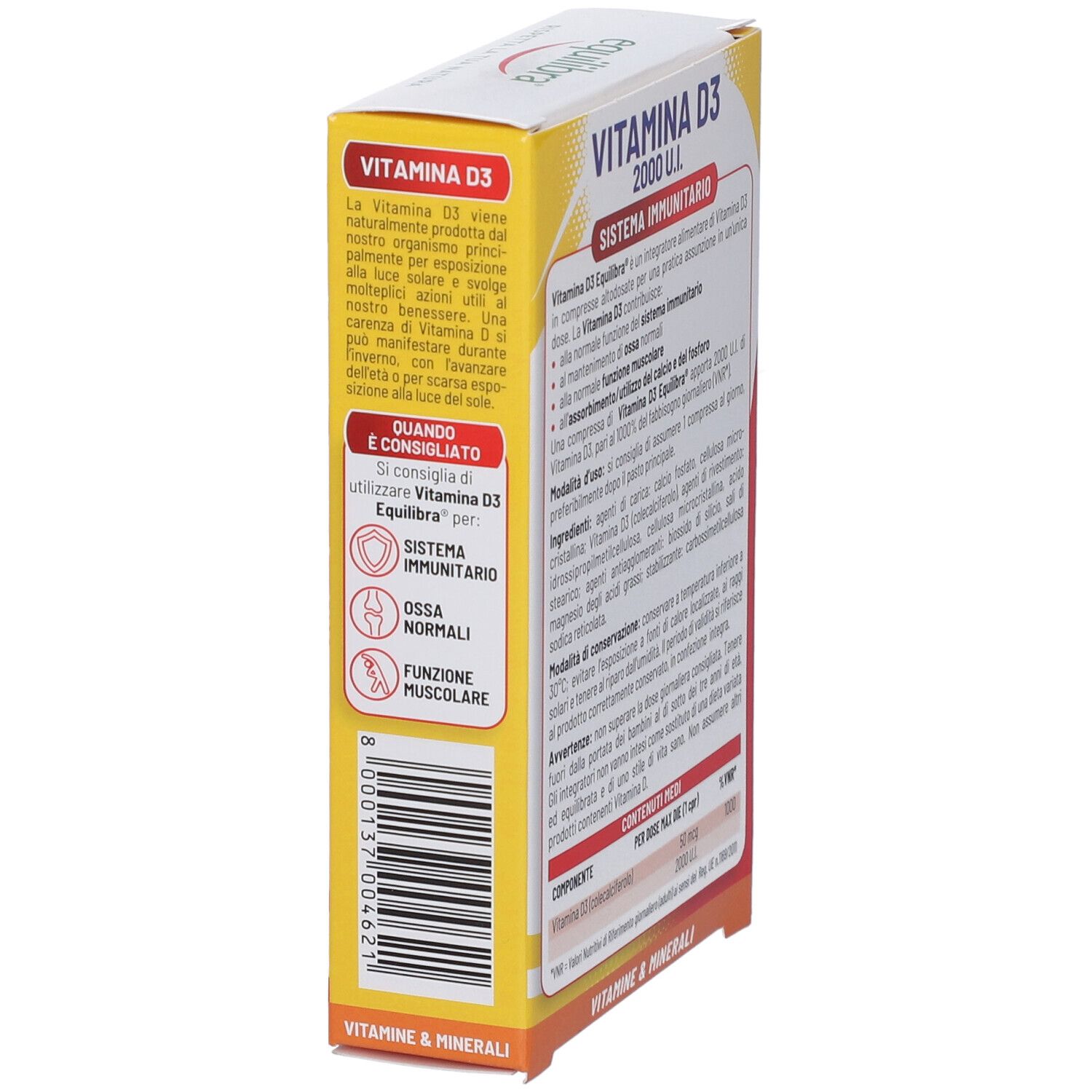 Vista laterale della confezione di Equilibra Vitamina D3. Informazioni testuali e illustrazioni che evidenziano i benefici del prodotto.