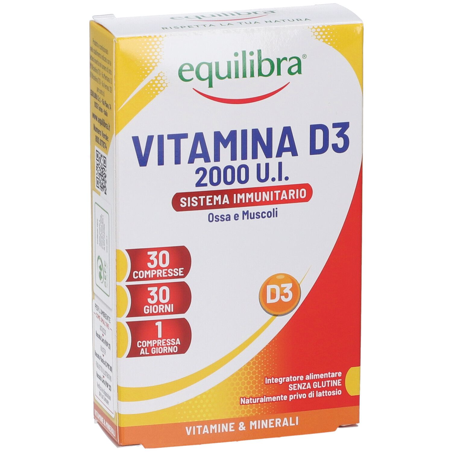 Vista frontale della confezione di Equilibra Vitamina D3. Scritte: Vitamina D3 2000 U.I., 30 compresse, 30 giorni, 1 compressa al giorno.