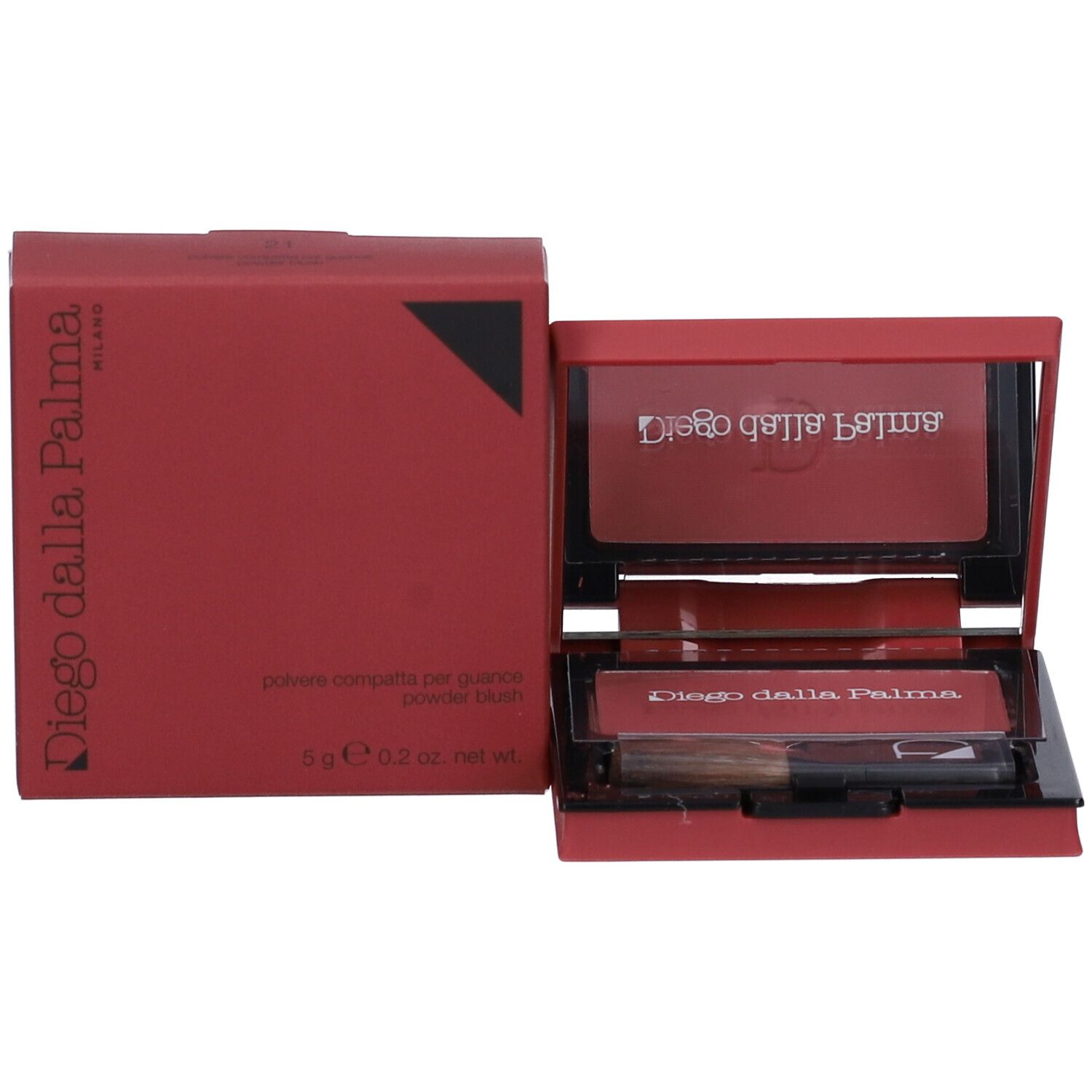 Confezione rossa con polvere compatta e pennello. Scritta: Diego dalla Palma. Testo: Polvere compatta per guance.