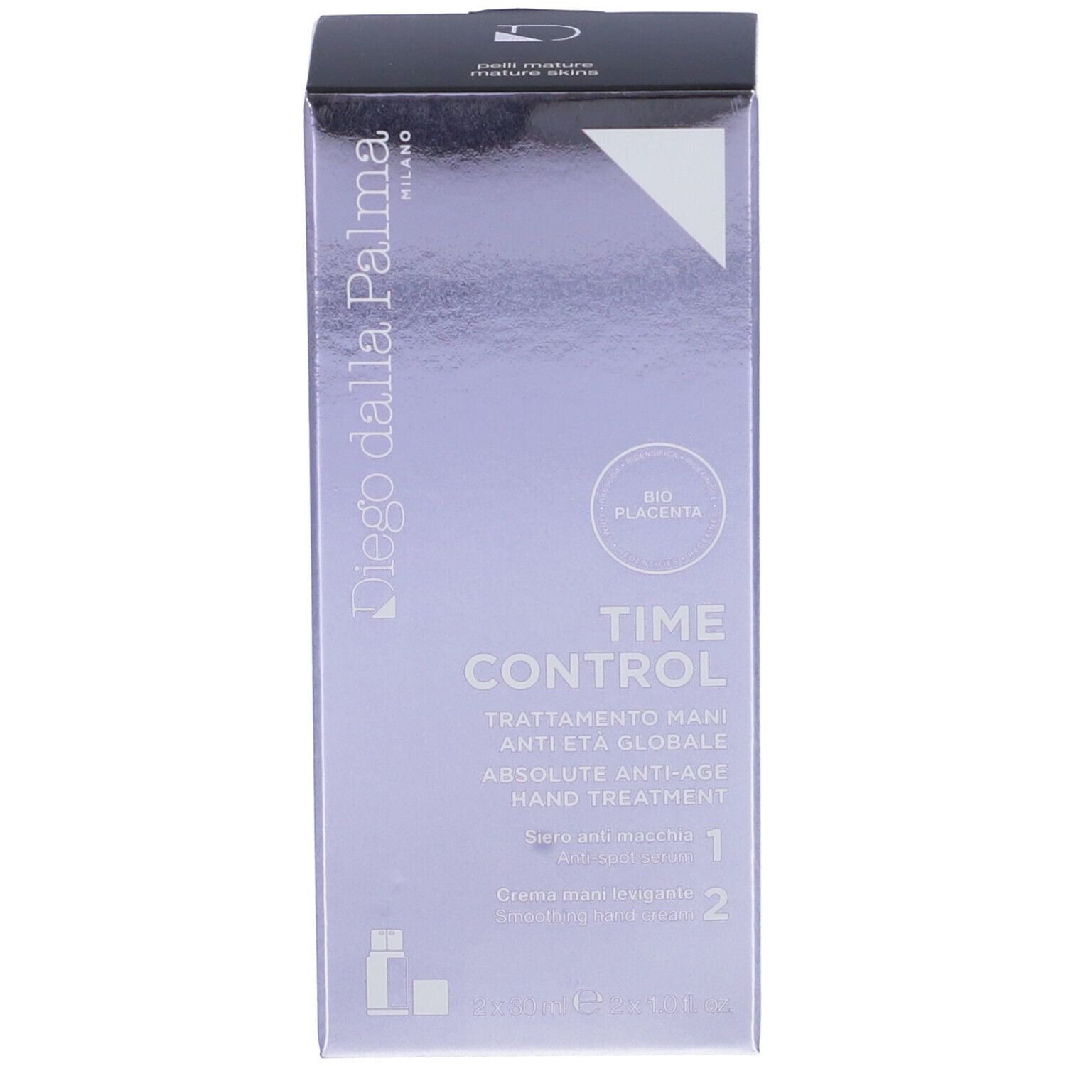 Confezione del prodotto. Scritta: Time Control, trattamento mani anti-età. 1 e 2. Bio Placenta.