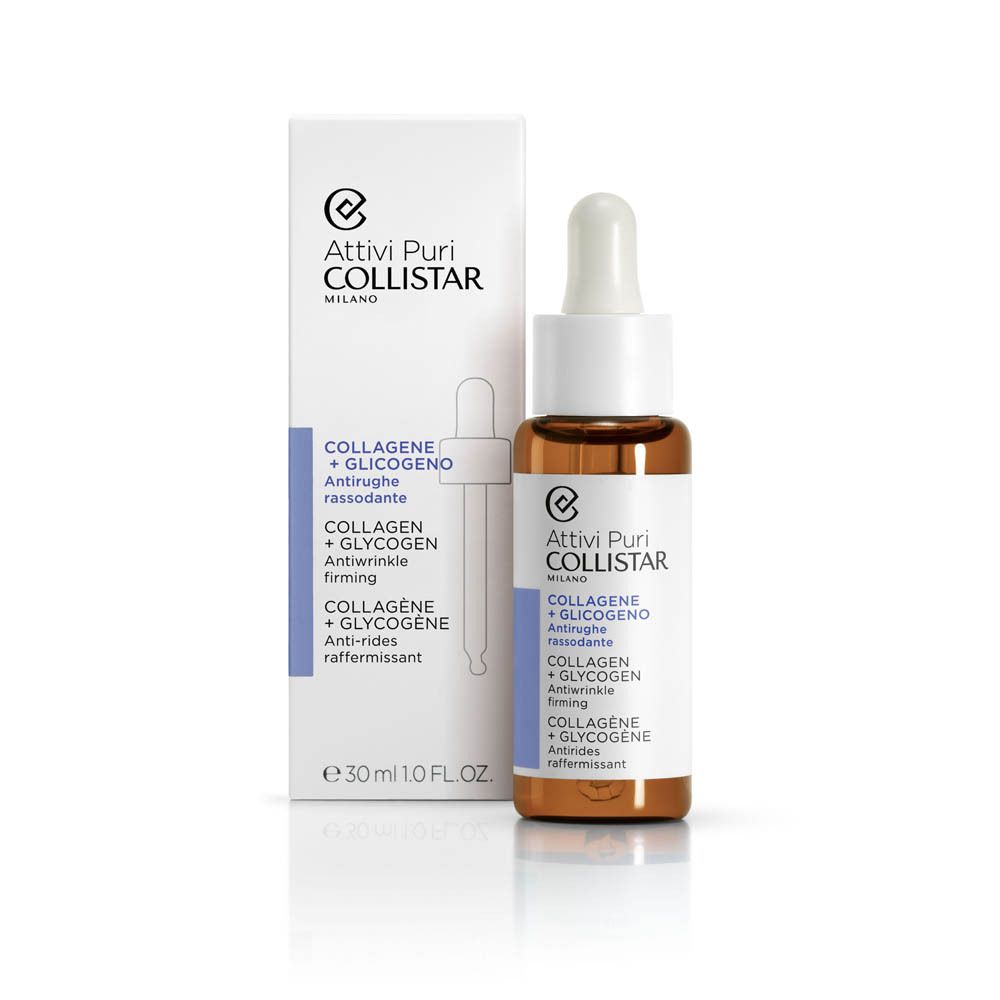 Flacone e confezione del prodotto. Scritta: COLLISTAR, COLLAGENE + GLICOGENO. Con contagocce.