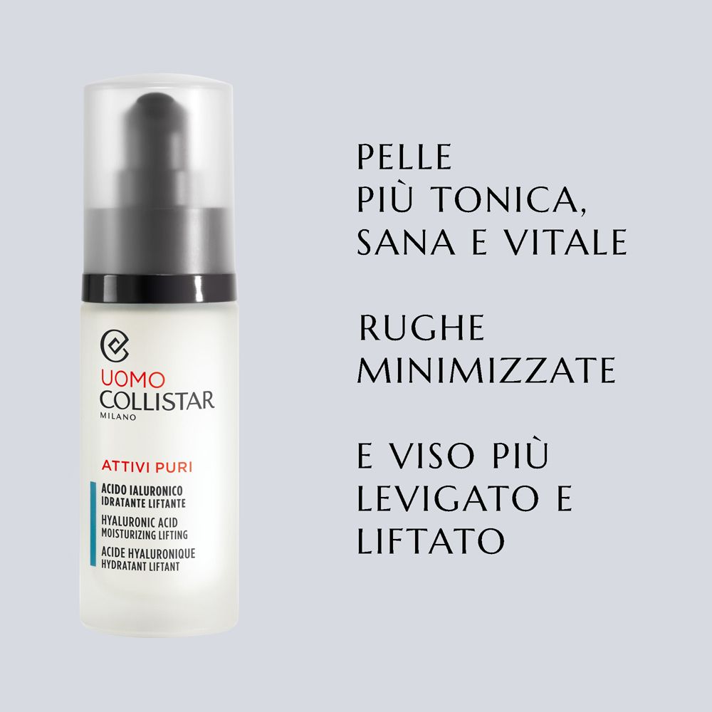 Siero Collistar Uomo Acido Ialuronico. Testo: Pelle più tonica, sana e vitale. Rughe minimizzate. Viso più levigato e liftato.
