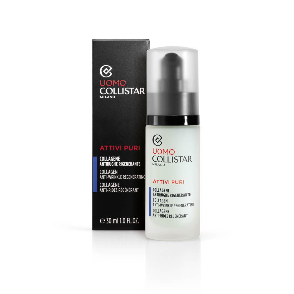 Confezione e flacone. Scatola nera e flacone bianco con dosatore a pompa. Scritta: Uomo Collistar, Attivi Puri, Collagene.