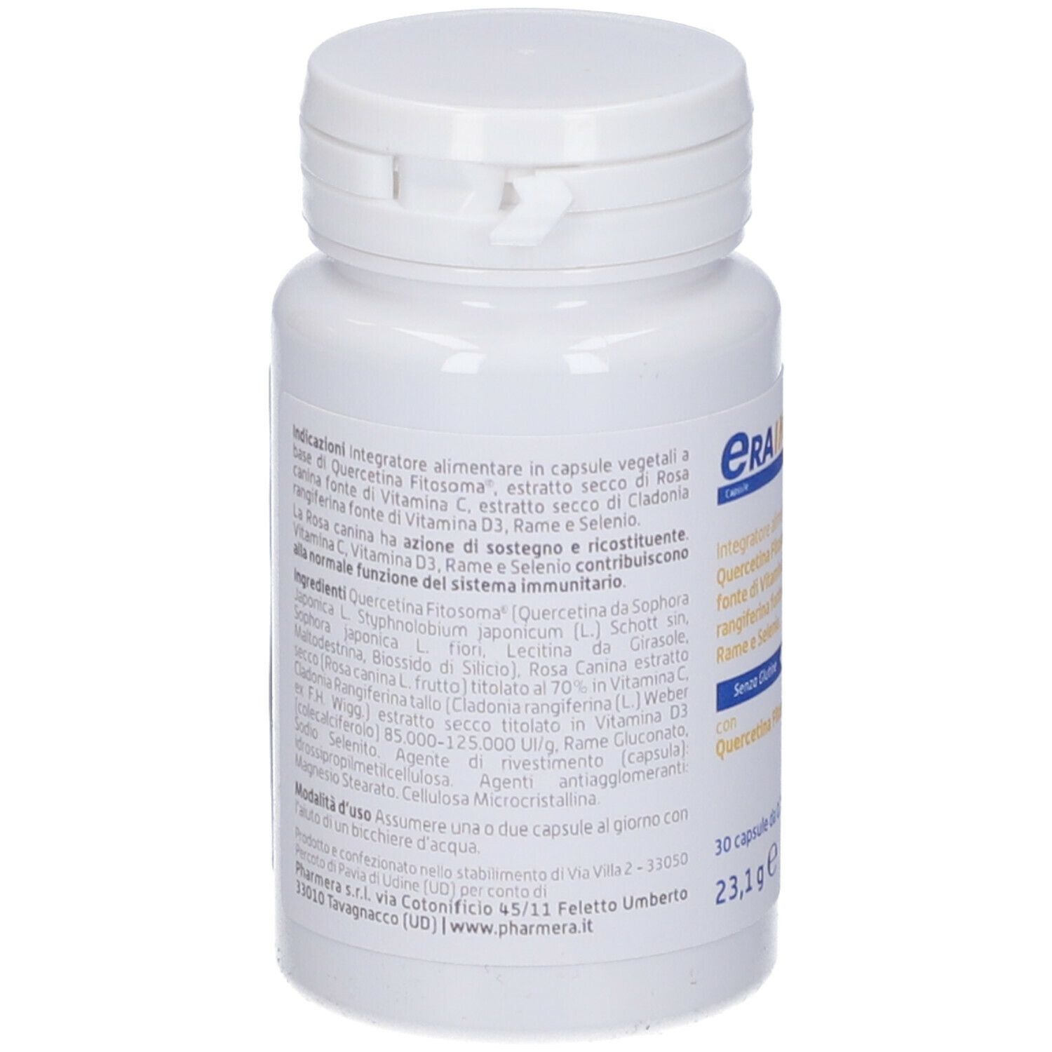 Retro del flacone bianco Eraimmuno D3. Ingredienti: Quercetina, Vitamina C, Vitamina D3. Testo in italiano.