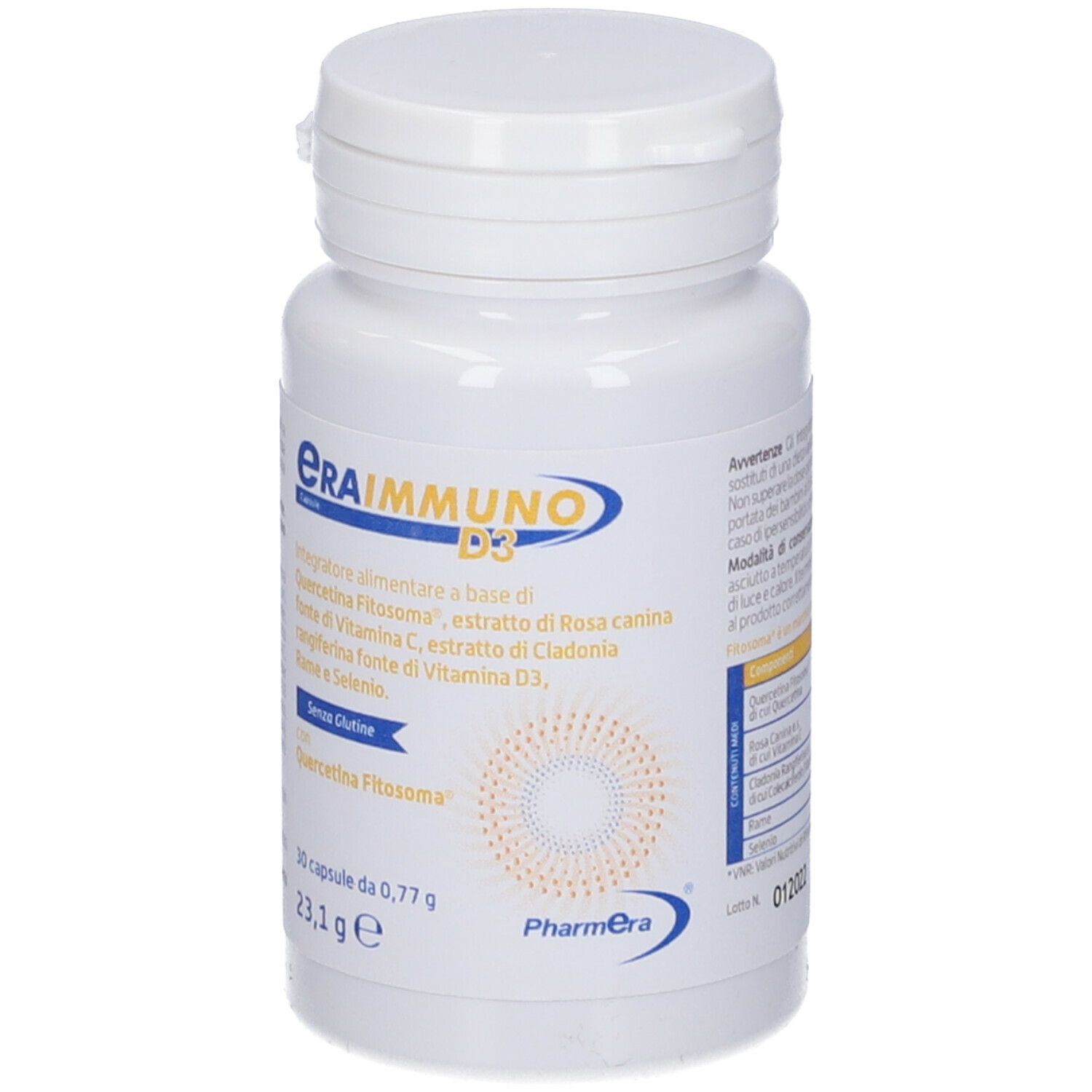 Flacone bianco Eraimmuno D3. Contiene Quercetina, Vitamina C, Vitamina D3 e Selenio. 30 capsule. Senza glutine.
